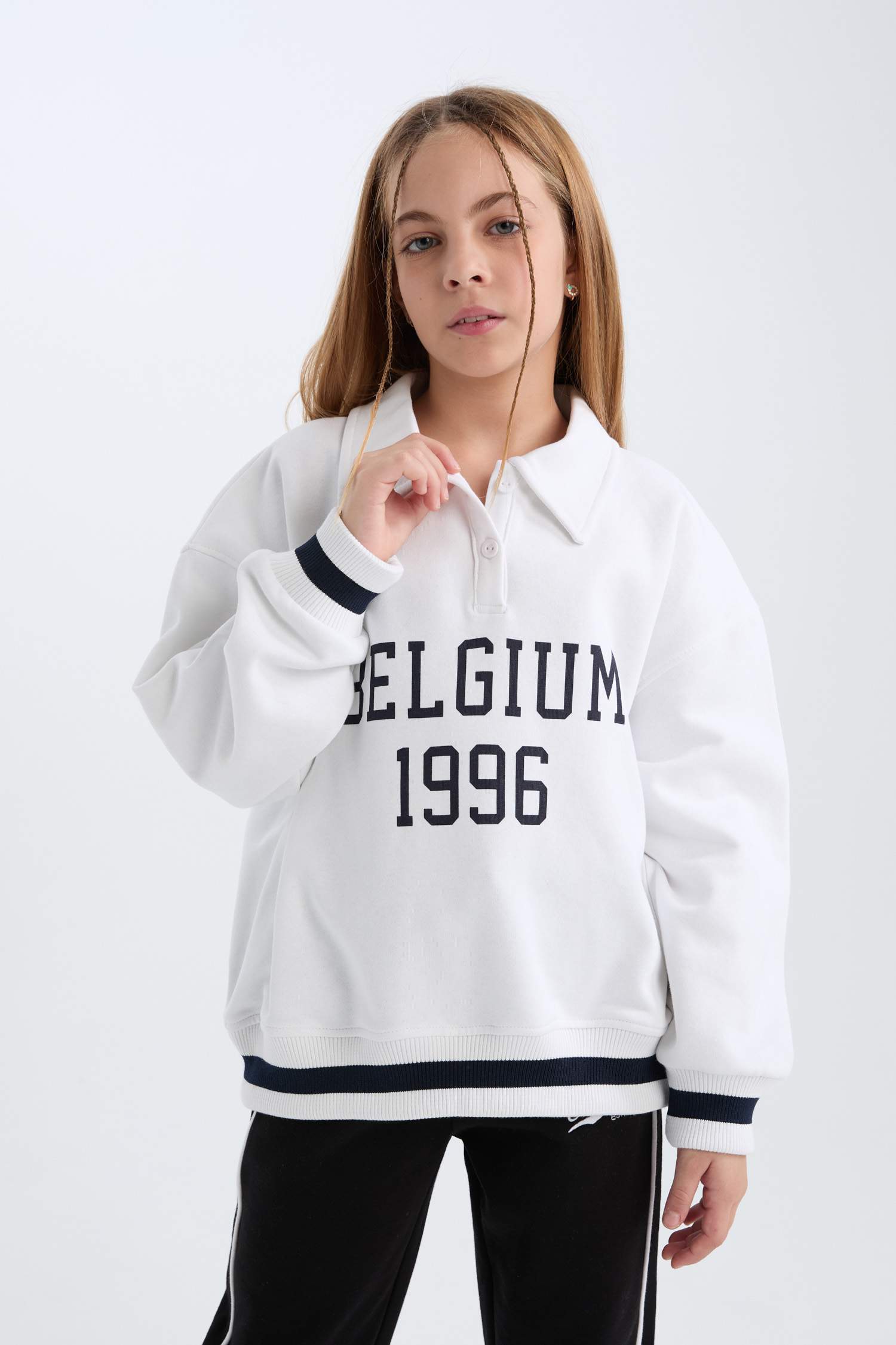 Girl Oversize Fit Pattern Polo Neck Printed Sweatshirt