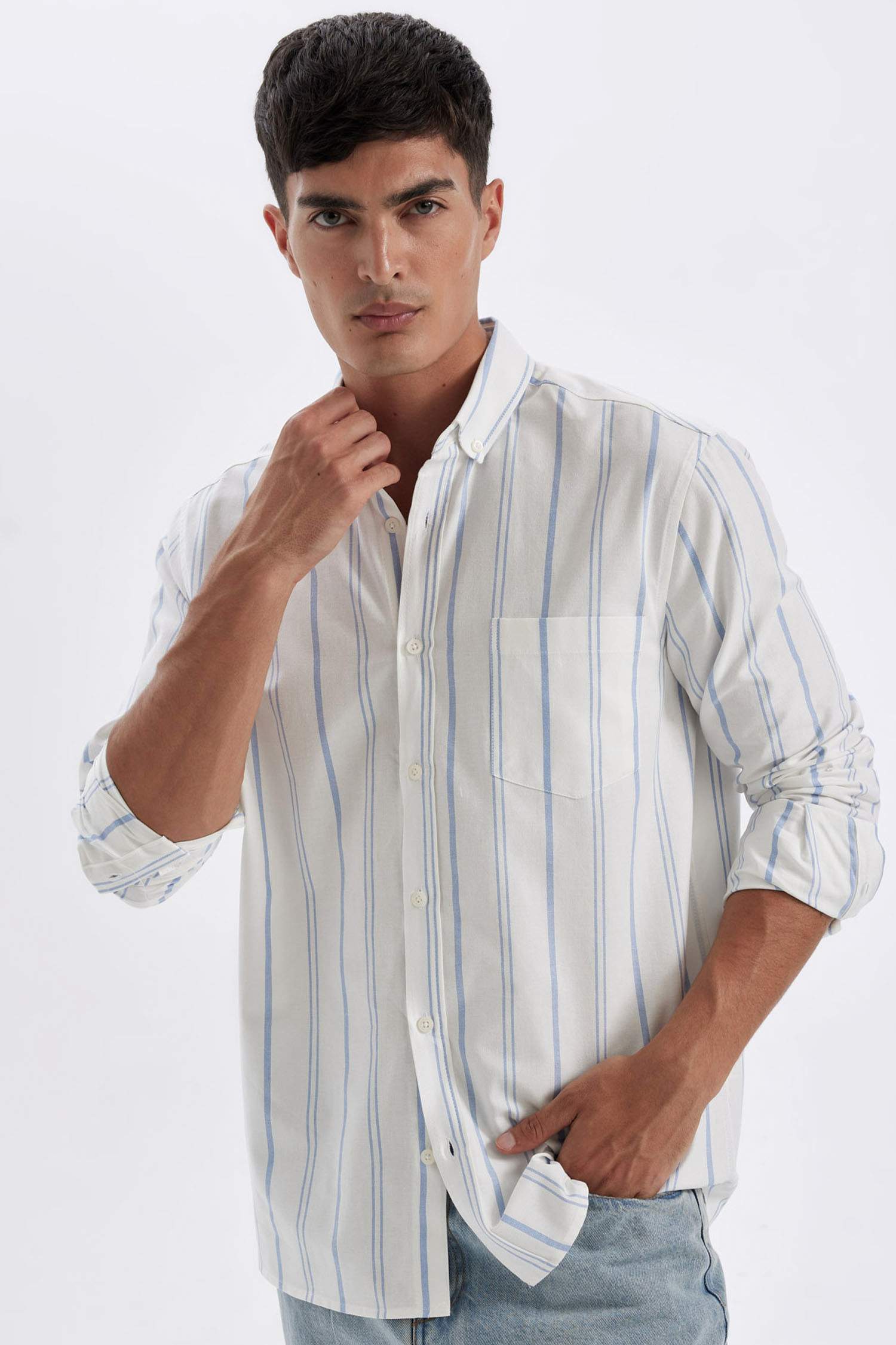 قميص بولو مخطط كم طويل أوكسفورد قصة عادية