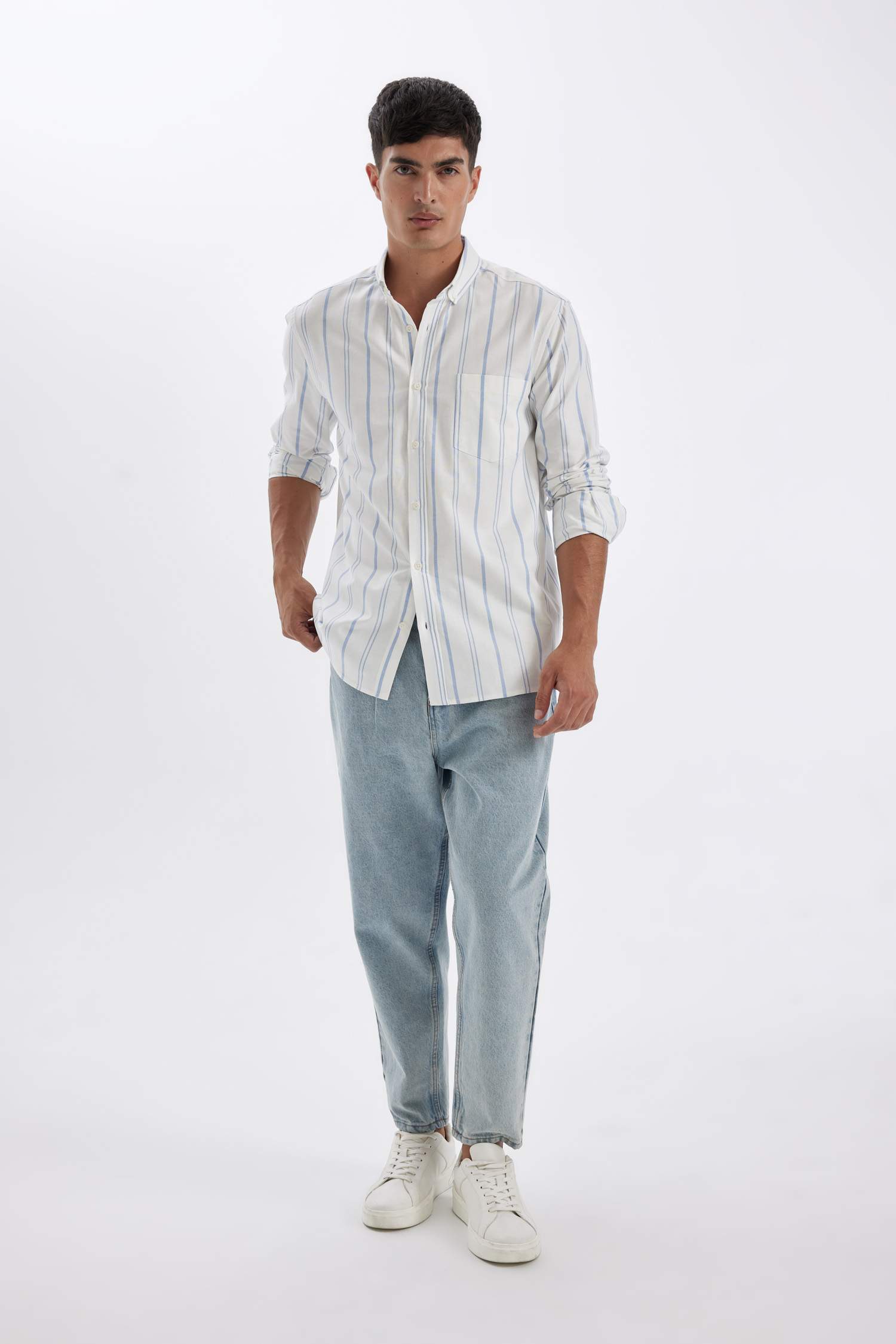 قميص بولو مخطط كم طويل أوكسفورد قصة عادية