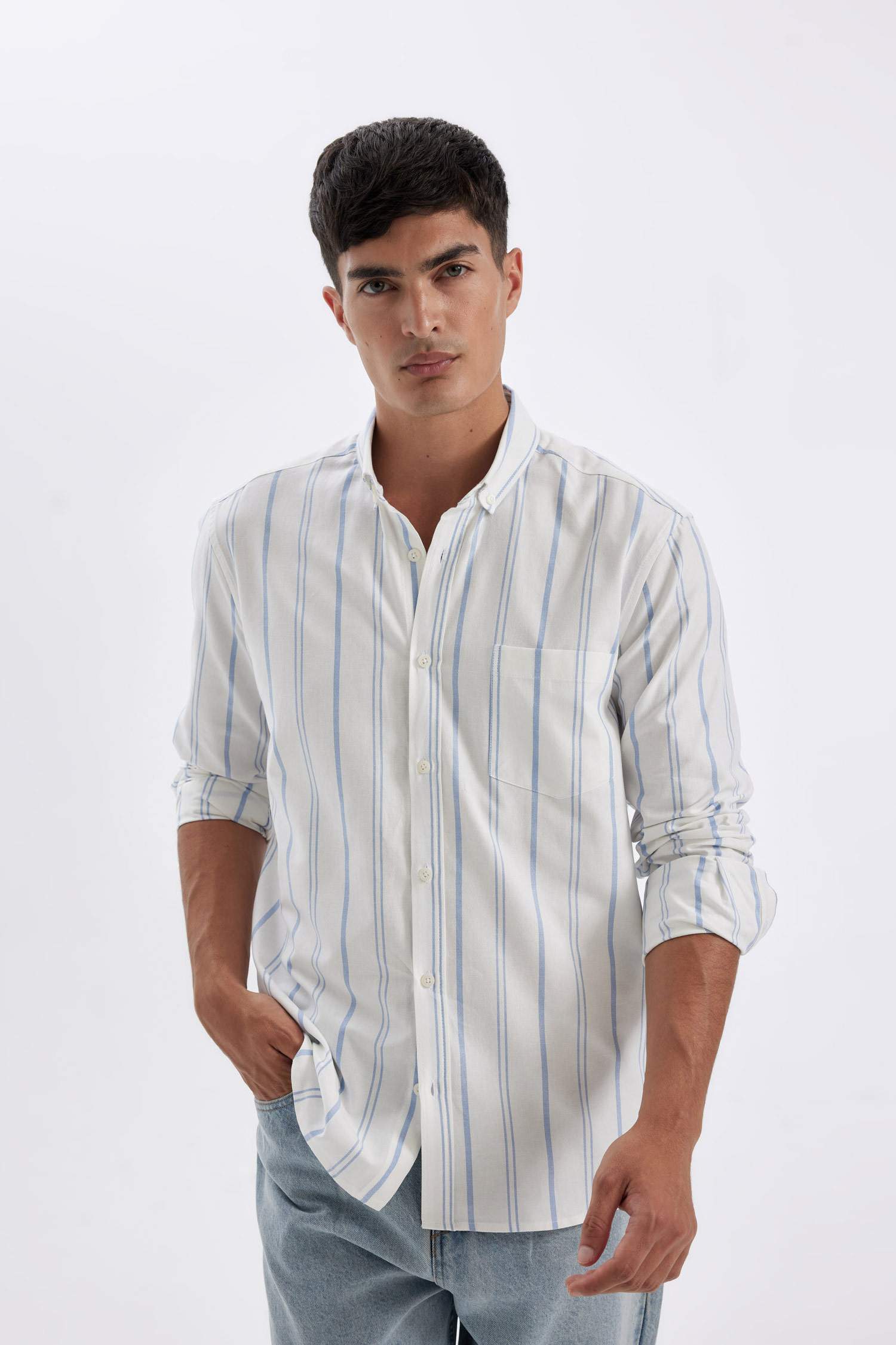 قميص بولو مخطط كم طويل أوكسفورد قصة عادية