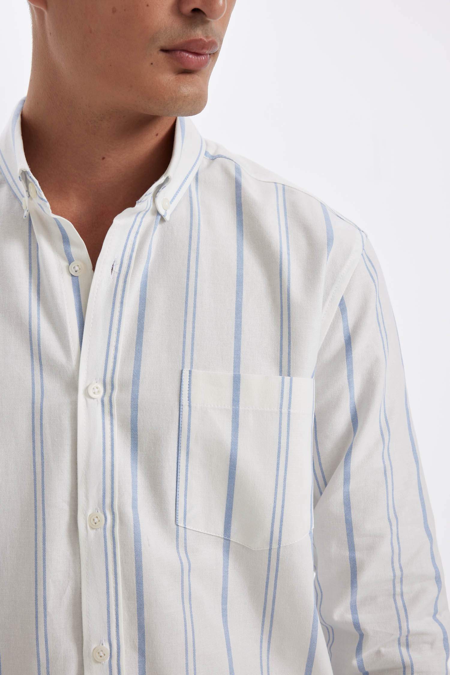 قميص بولو مخطط ردن طويل أوكسفورد قصة عادية