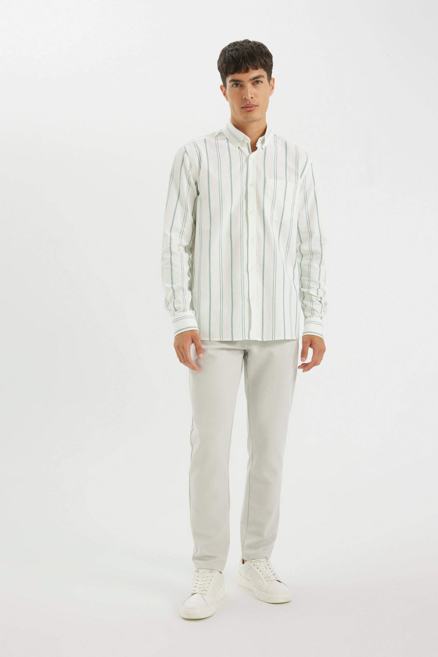 قميص بولو مخطط كم طويل أوكسفورد قصة عادية