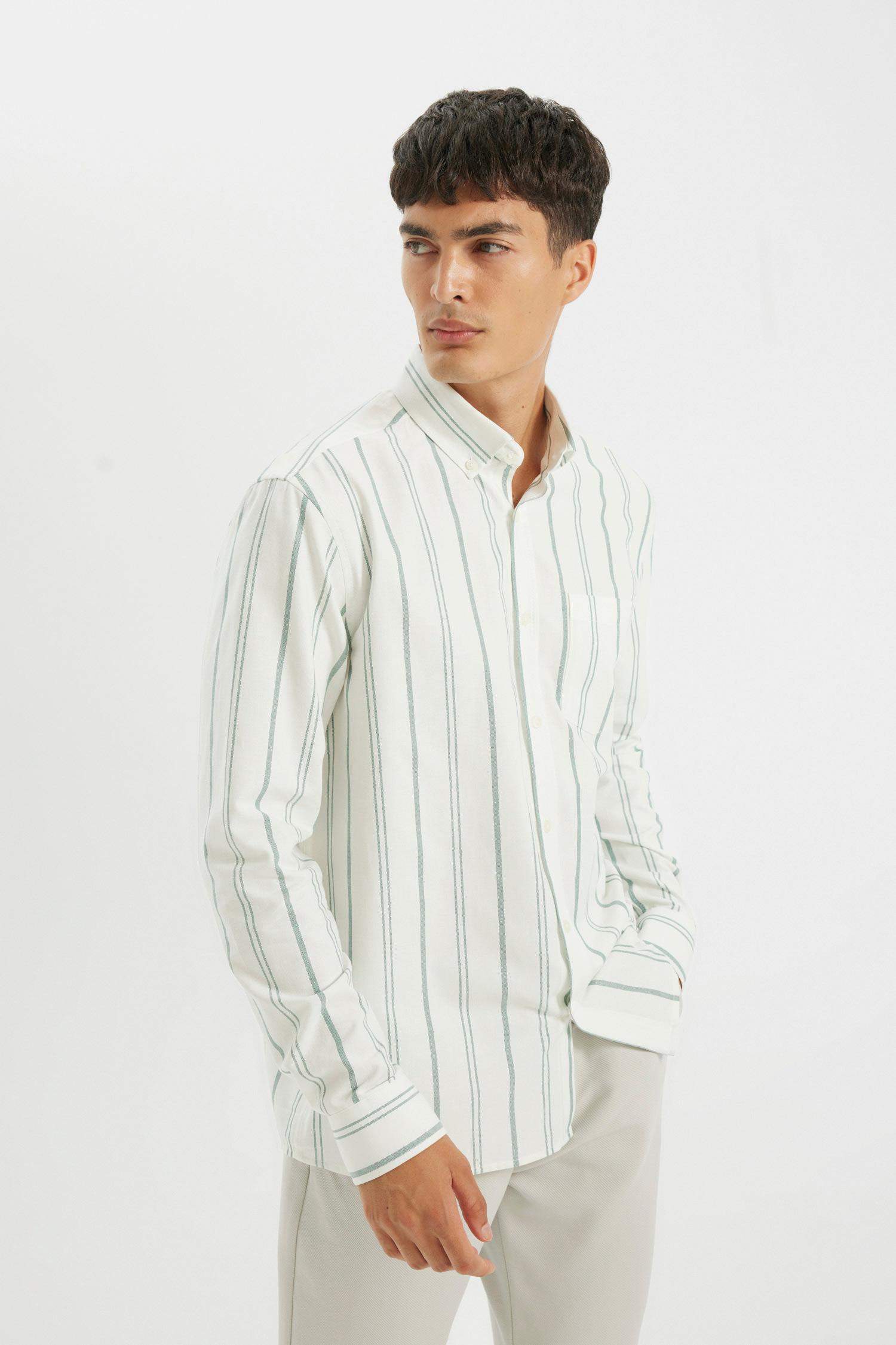 قميص بولو مخطط كم طويل أوكسفورد قصة عادية