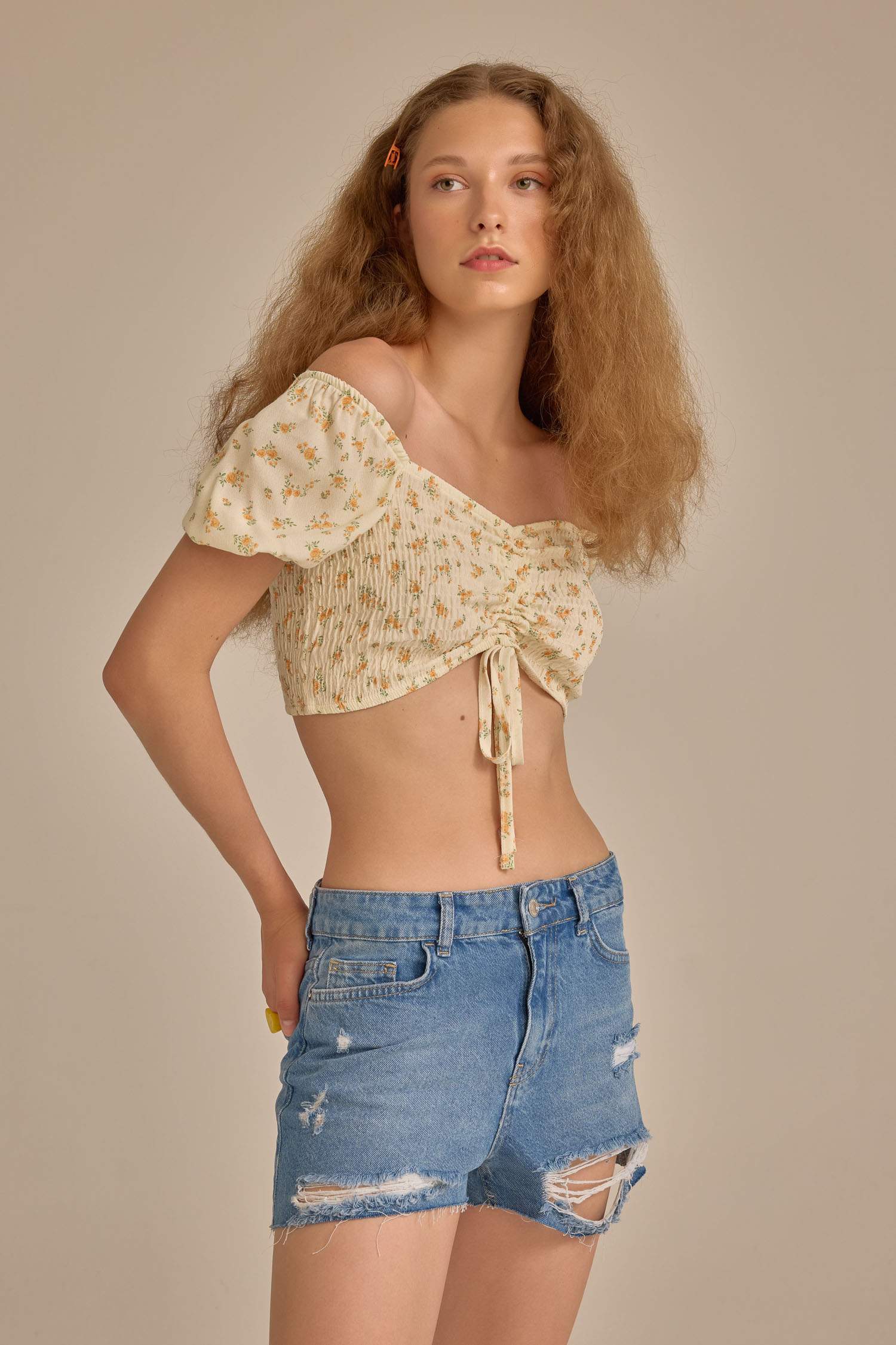 Fitted Crop Desenli Maroken Kısa Kollu Bluz