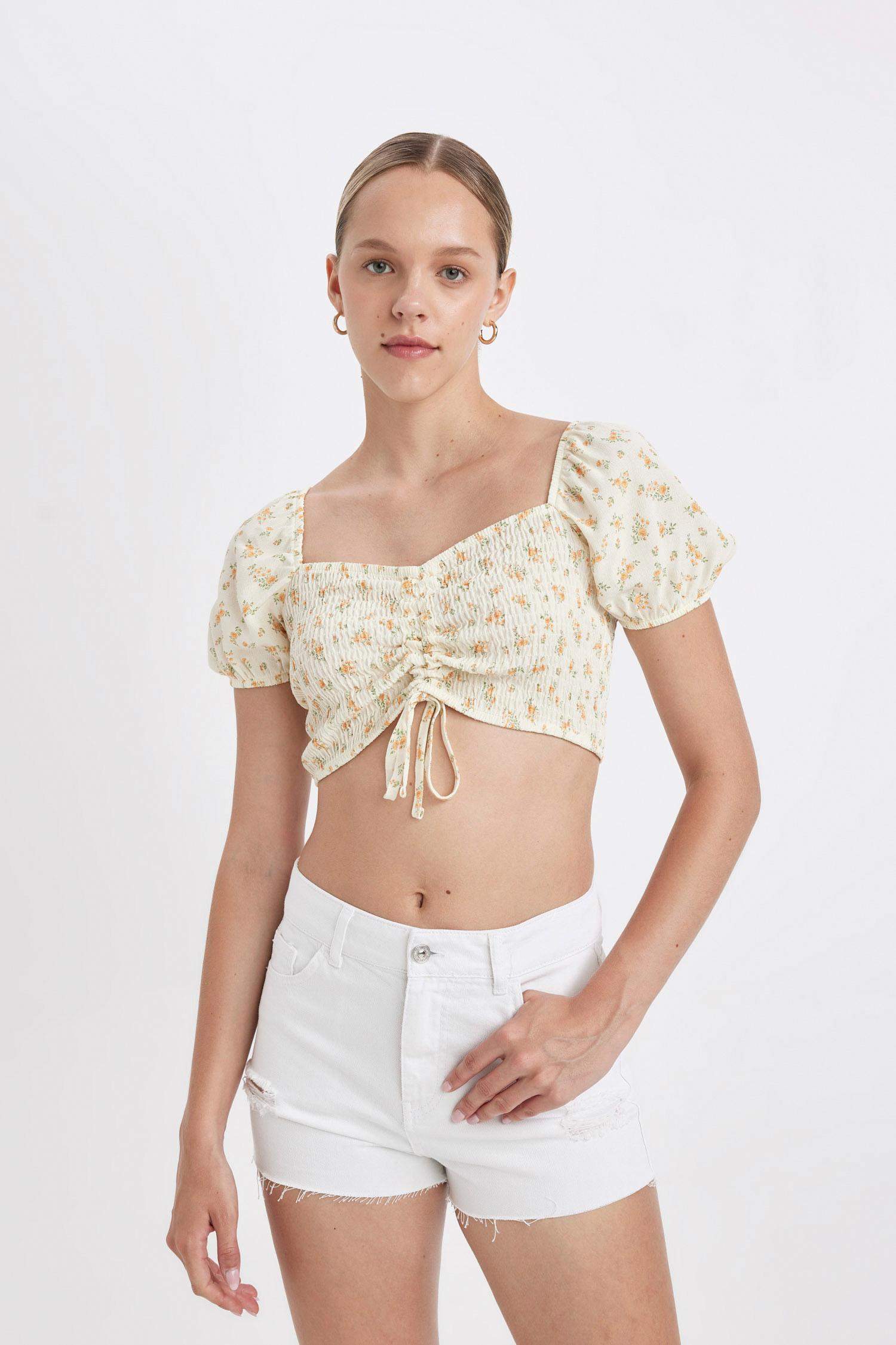 Fitted Crop Desenli Maroken Kısa Kollu Bluz