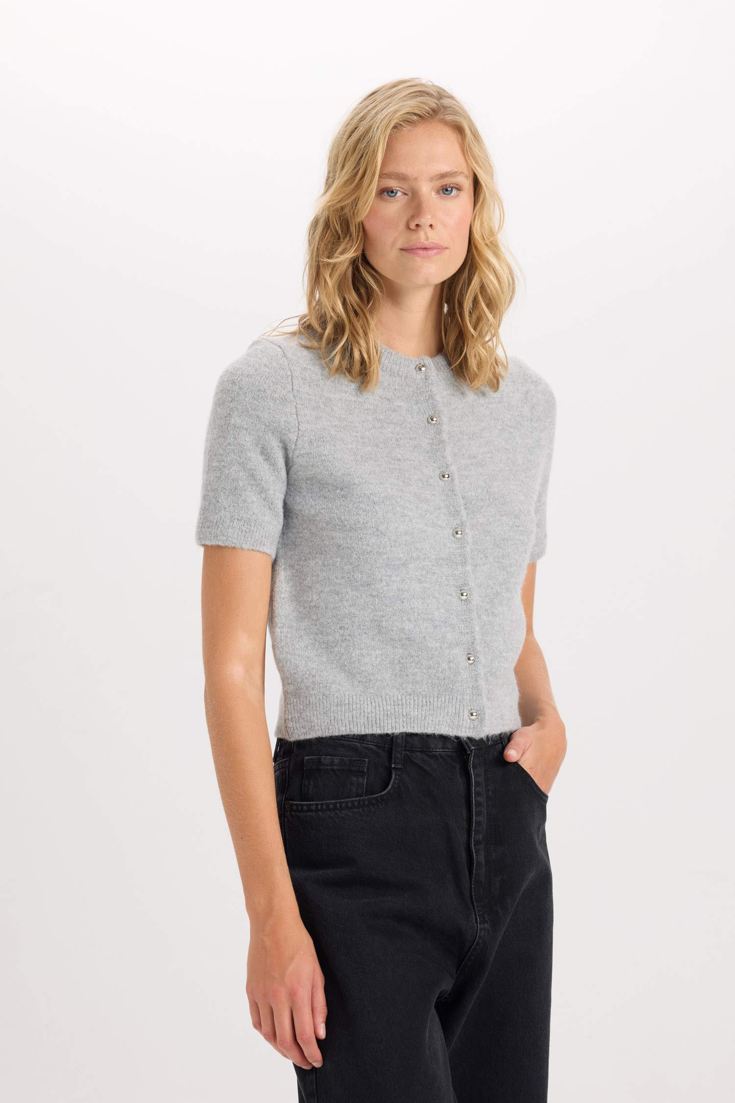 Regular Fit Bisiklet Yaka Basic Düz Düğmeli Kısa Kollu Triko Hırka