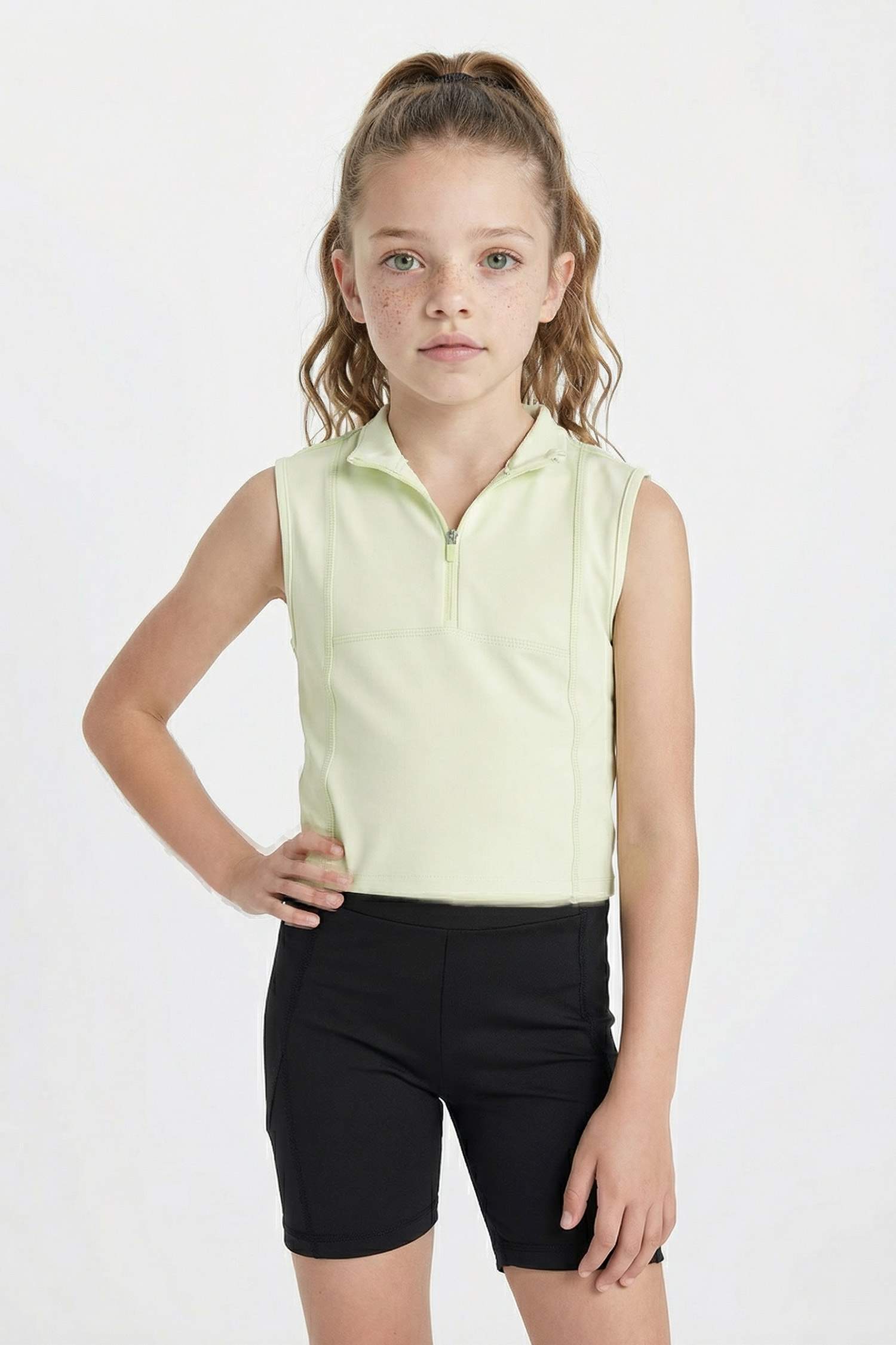 Girl Slim Fit Polo Neck Basic Sleeveless T-Shirt