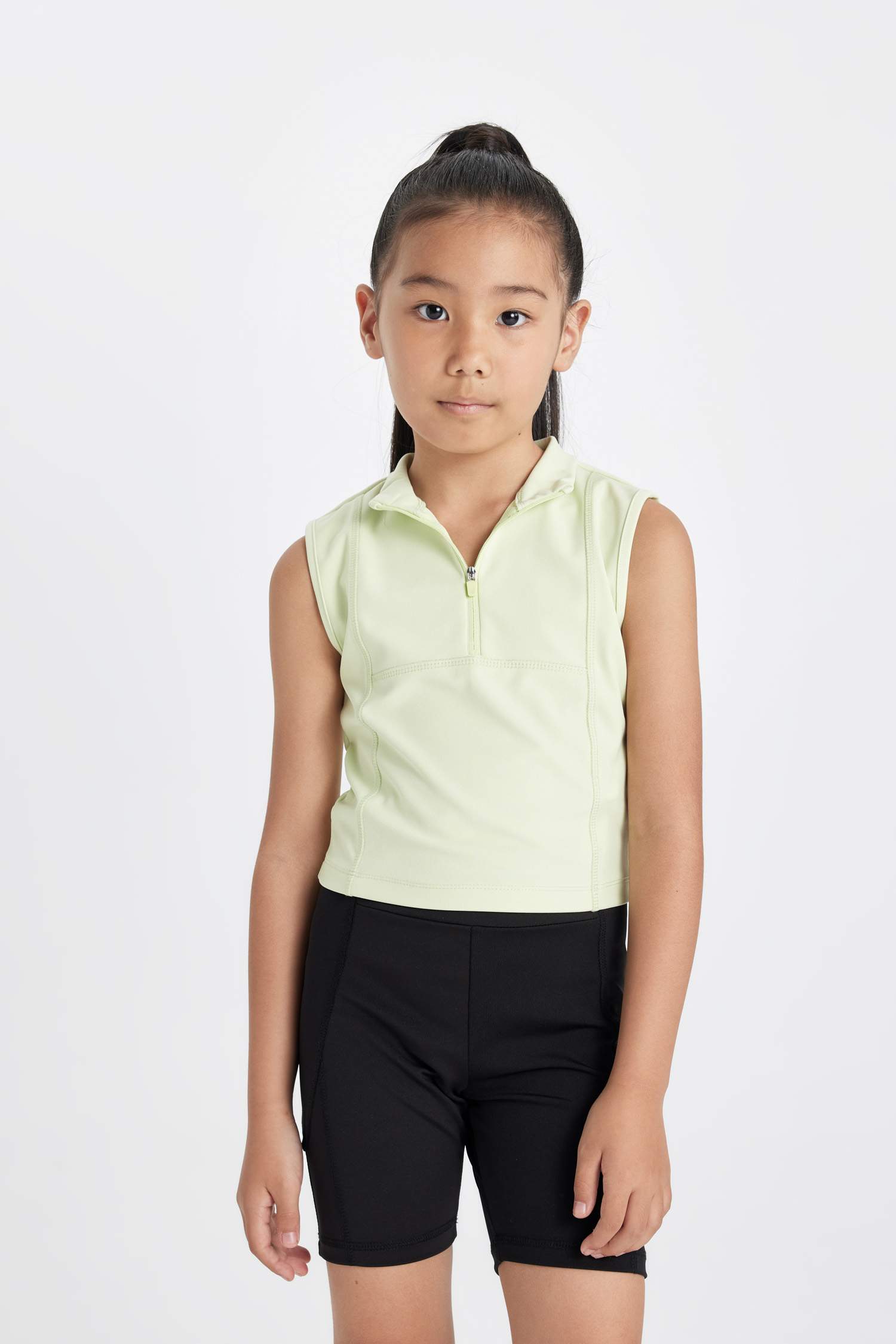 Kız Çocuk Slim Fit Dar Kesim Polo Yaka Fermuarlı Basic Düz Kolsuz Tişört