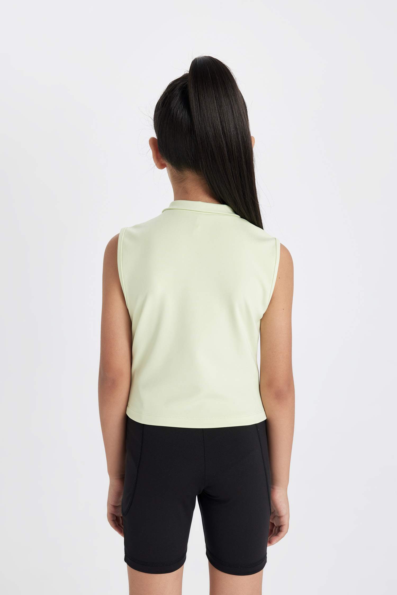 Kız Çocuk Slim Fit Dar Kesim Polo Yaka Fermuarlı Basic Düz Kolsuz Tişört