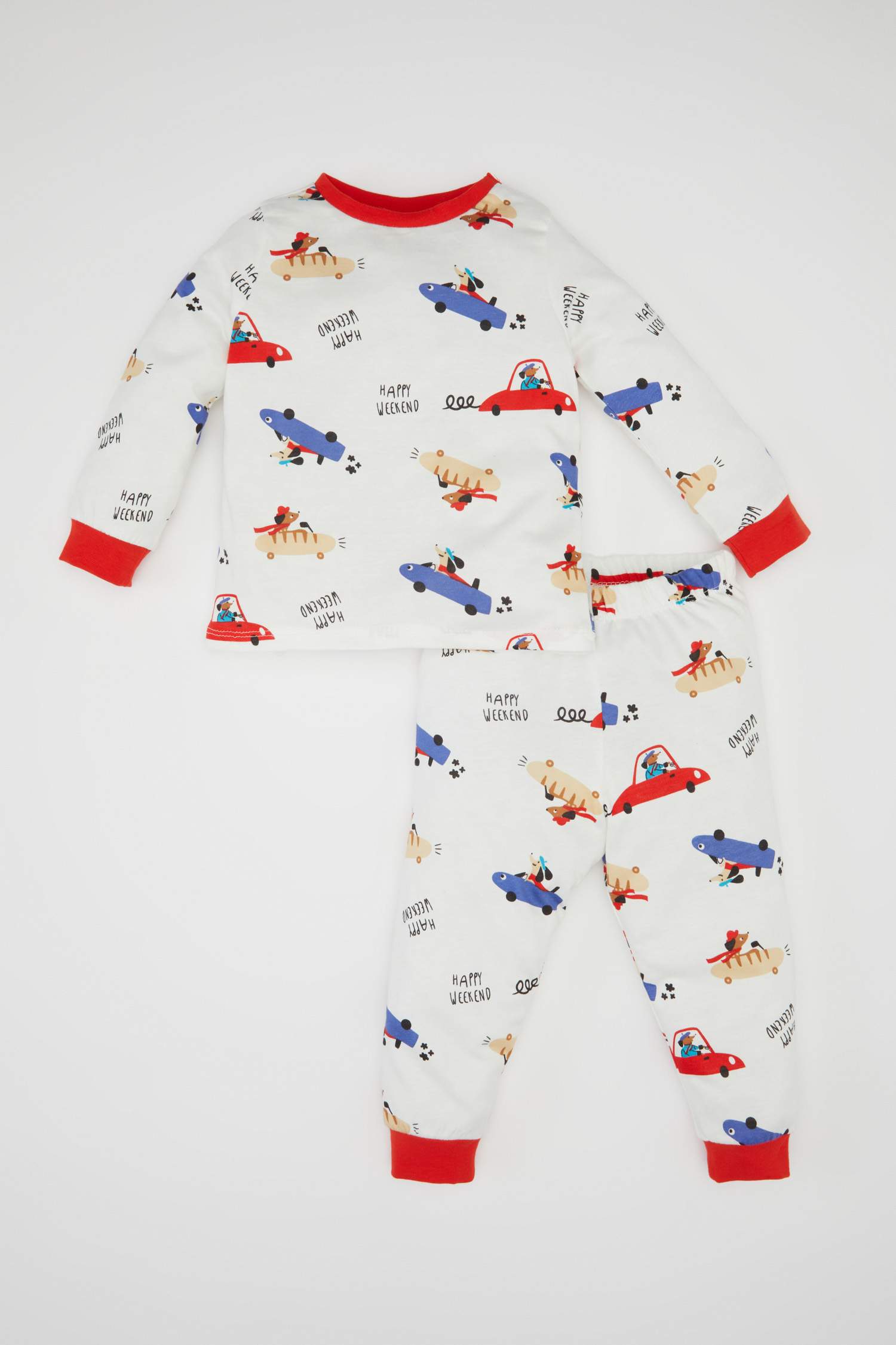 Erkek Bebek Pijama Takımı Köpek Baskılı Penye  Uzun Kollu Üst Uzun Alt