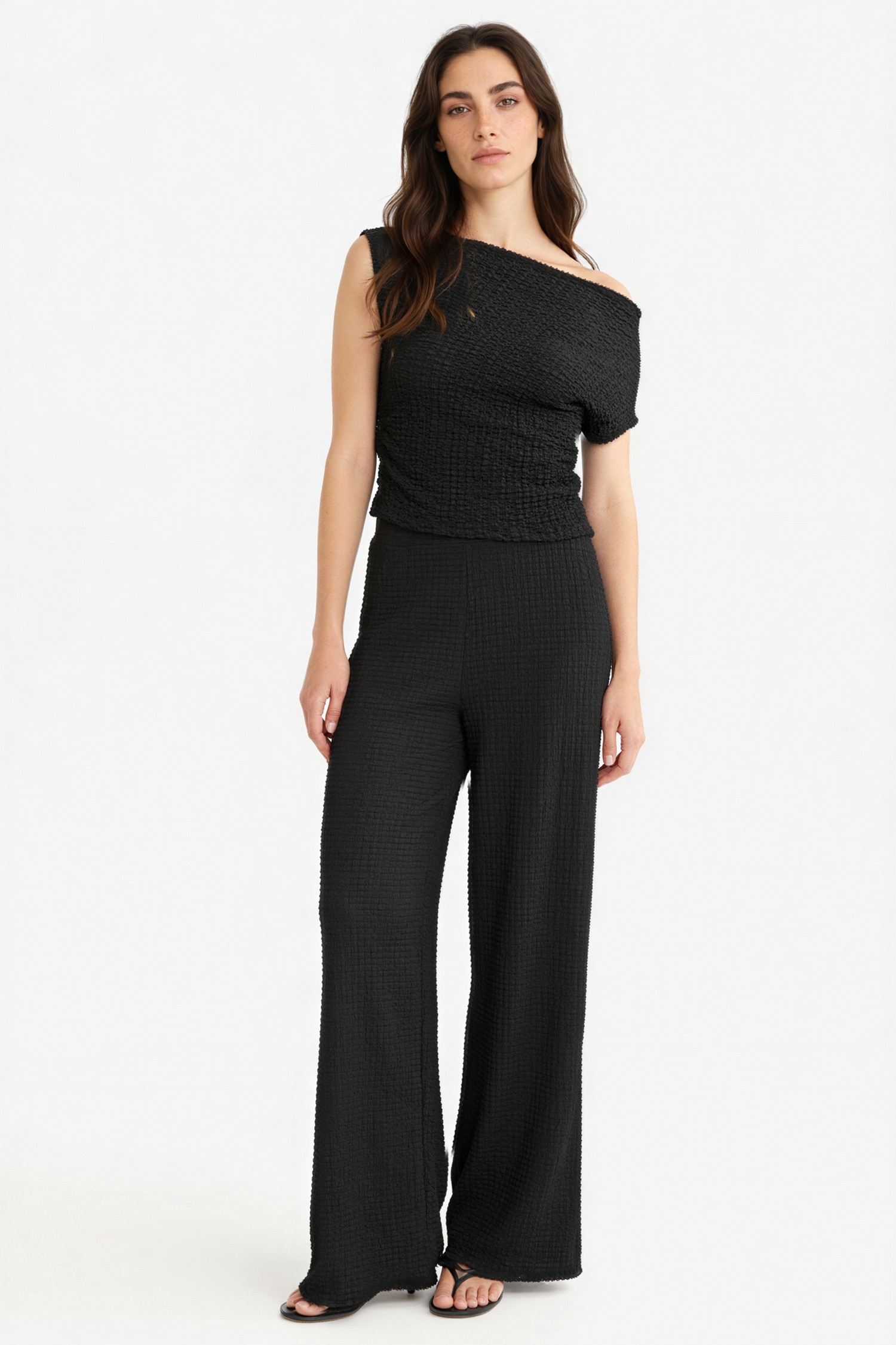 DeFacto Wide Leg Geniş Bol Paça Kırışık Dokulu Pantolon görsel 3
