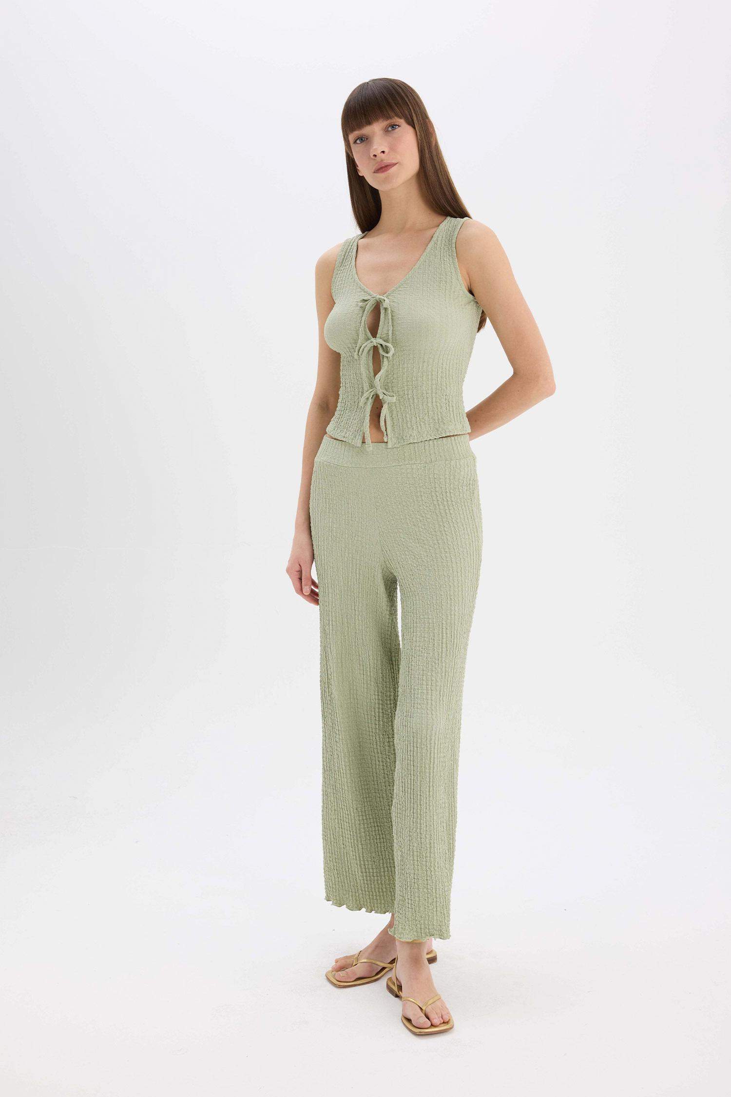 Wide Leg Geniş Paça Beli Lastikli Basic Düz Bürümcük Pantolon