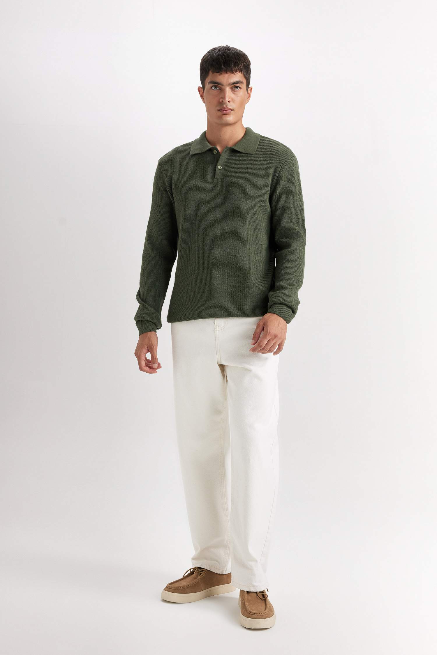 Haki Standart Fit Normal Kesim Polo Yaka Triko Kazak