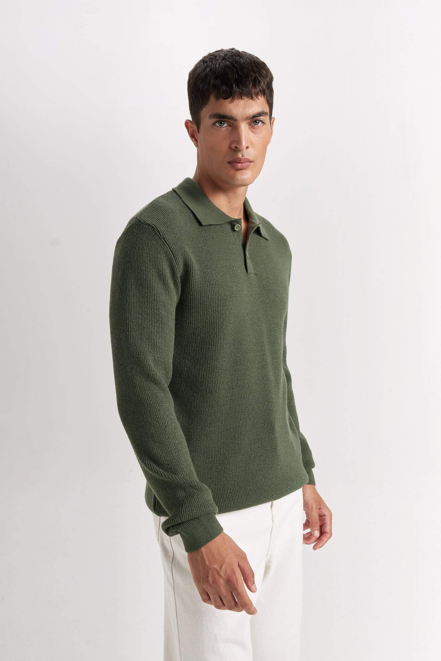 Haki Standart Fit Normal Kesim Polo Yaka Triko Kazak