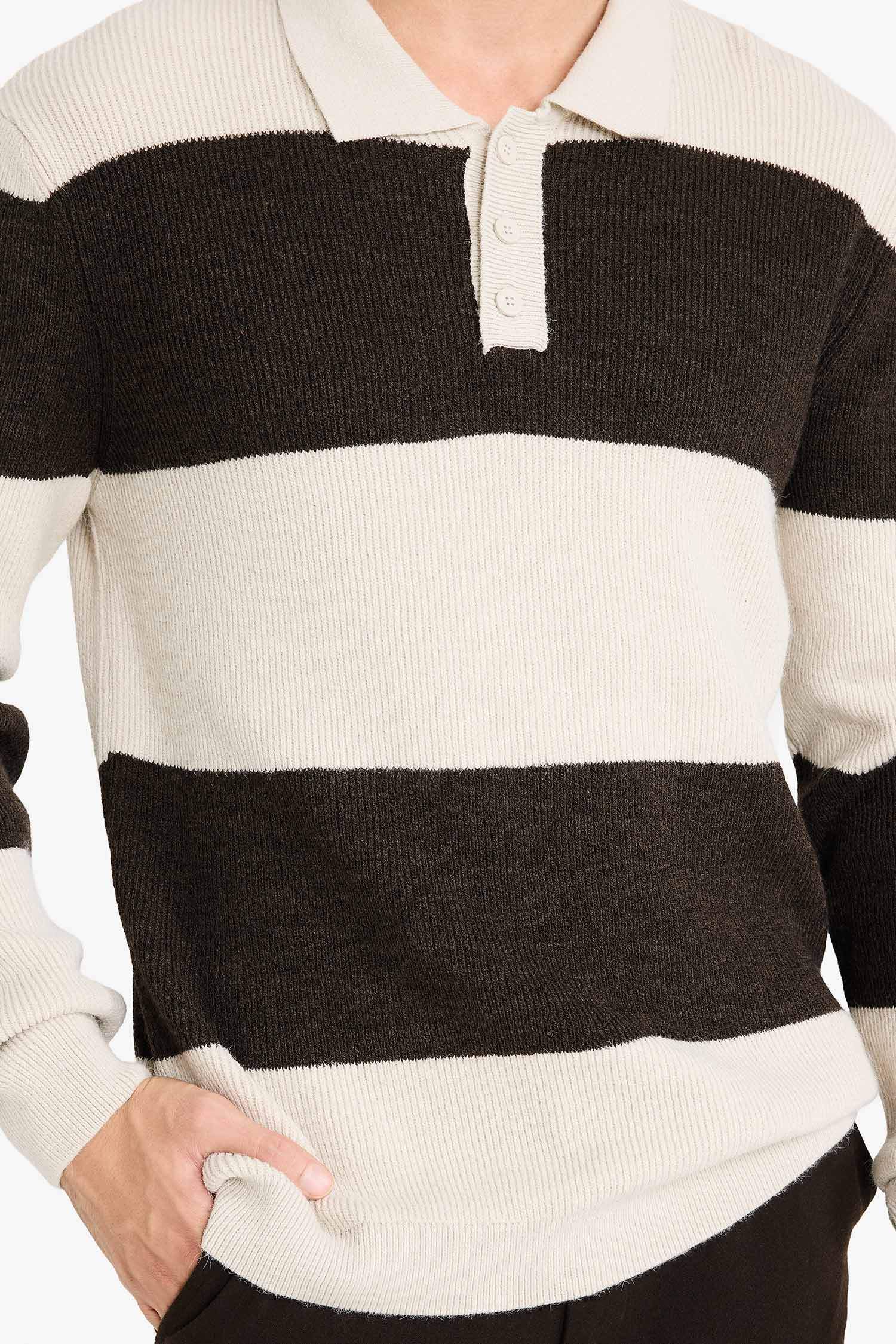 Standart Fit Polo Yaka Renk Bloklu Triko Kazak