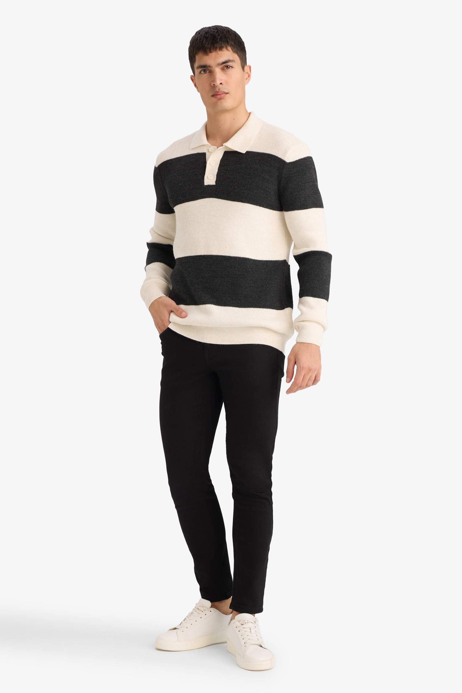 Standart Fit Polo Yaka Renk Bloklu Triko Kazak