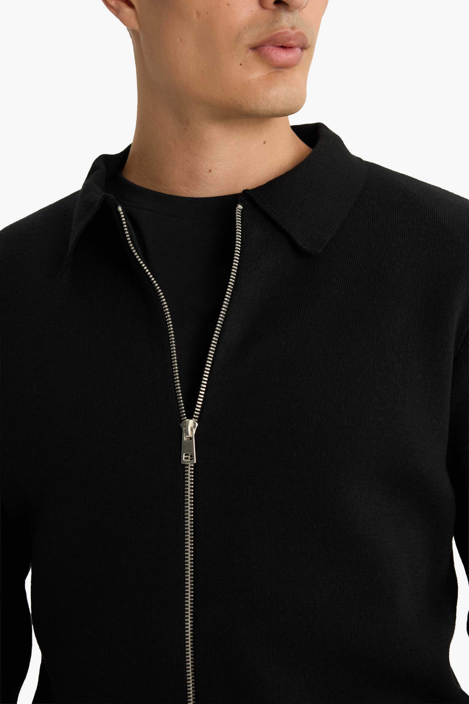 Standart Fit Polo Yaka Basic Düz Fermuarlı Triko Hırka