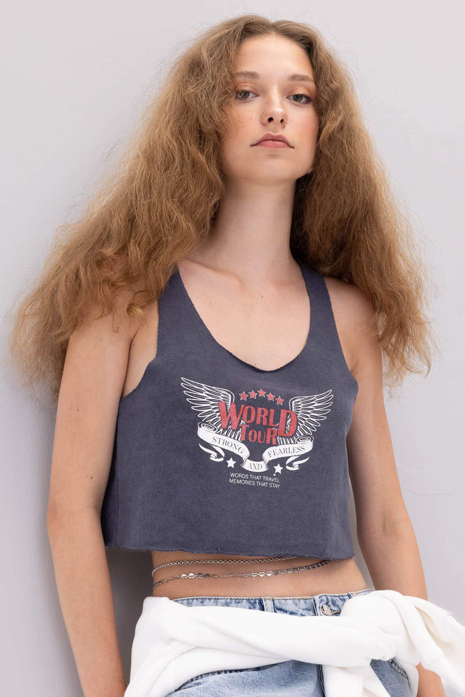 Débardeur Crop top imprimé en Tissu épais à Coupe Relax et à Col Rond