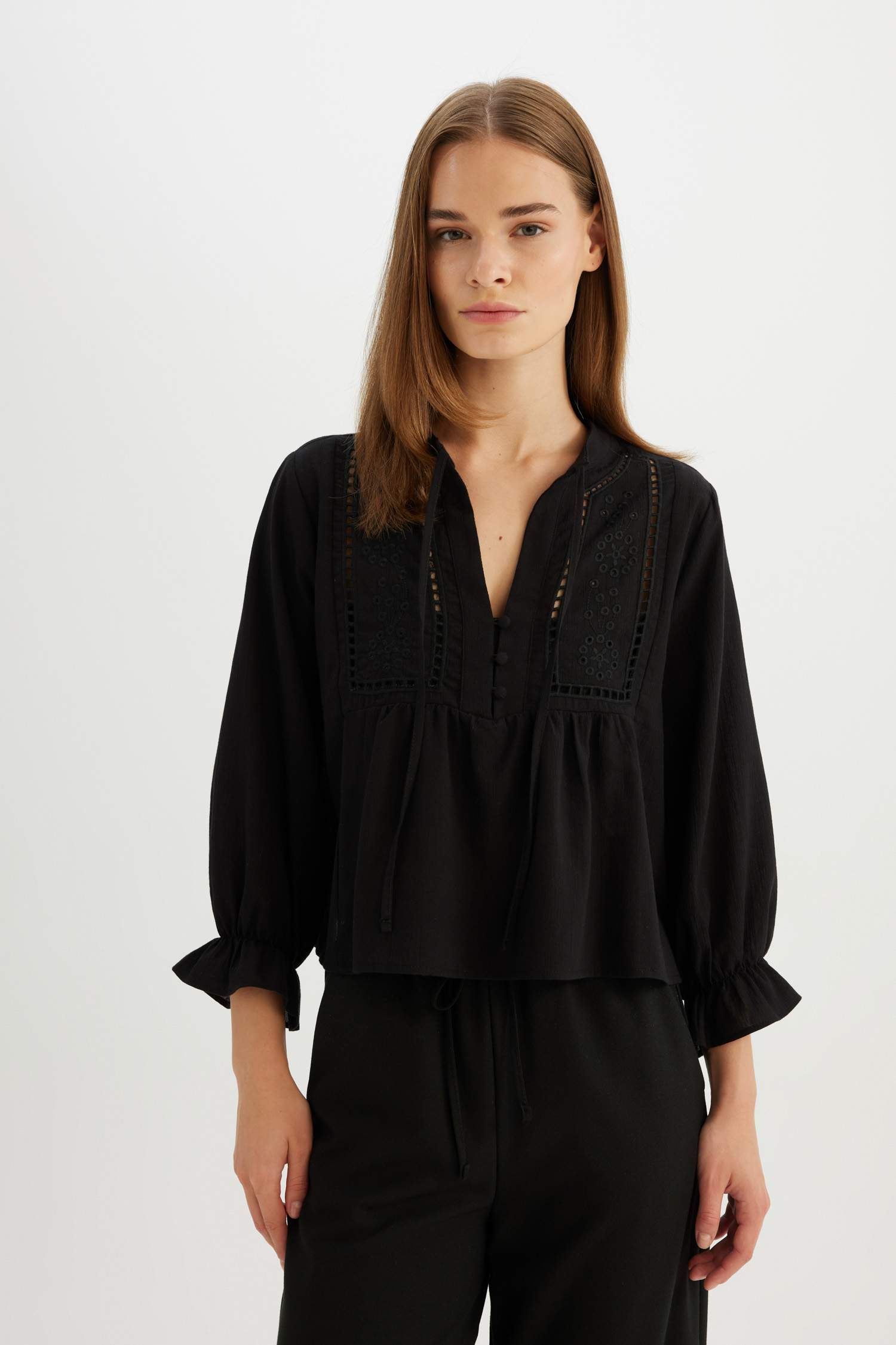 Chemisier à Manches Longues avec Broderie à coupe régulière et à Col rond