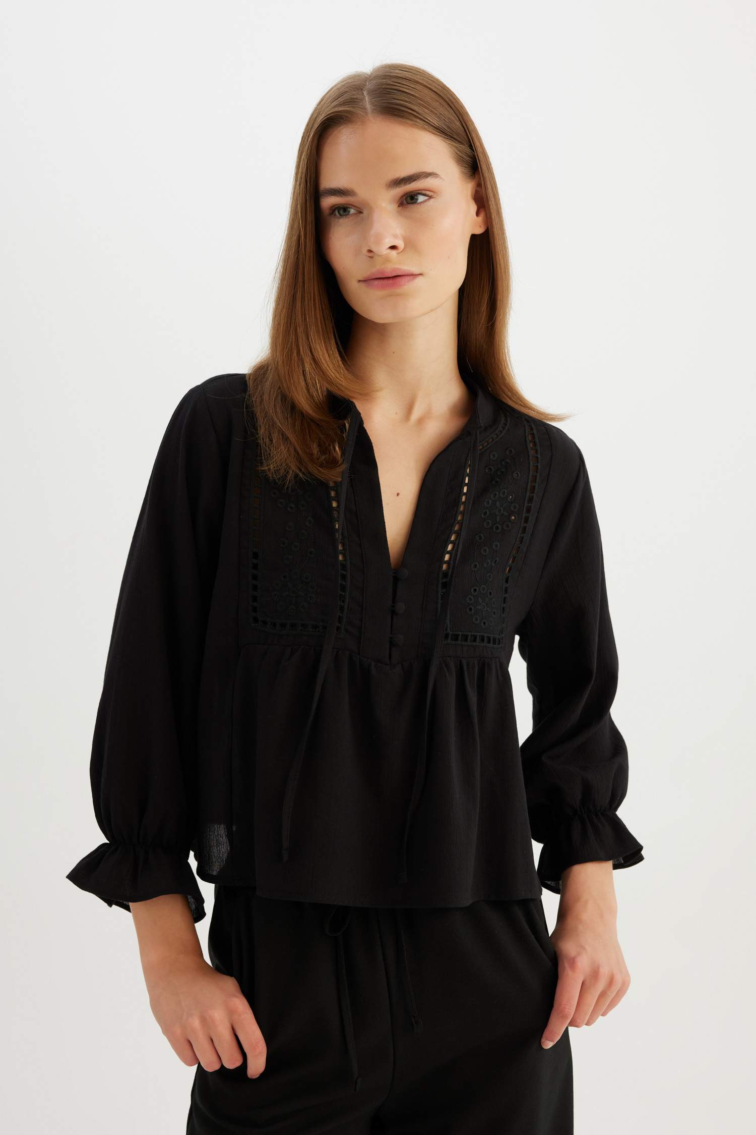 Chemisier à Manches Longues avec Broderie à coupe régulière et à Col rond
