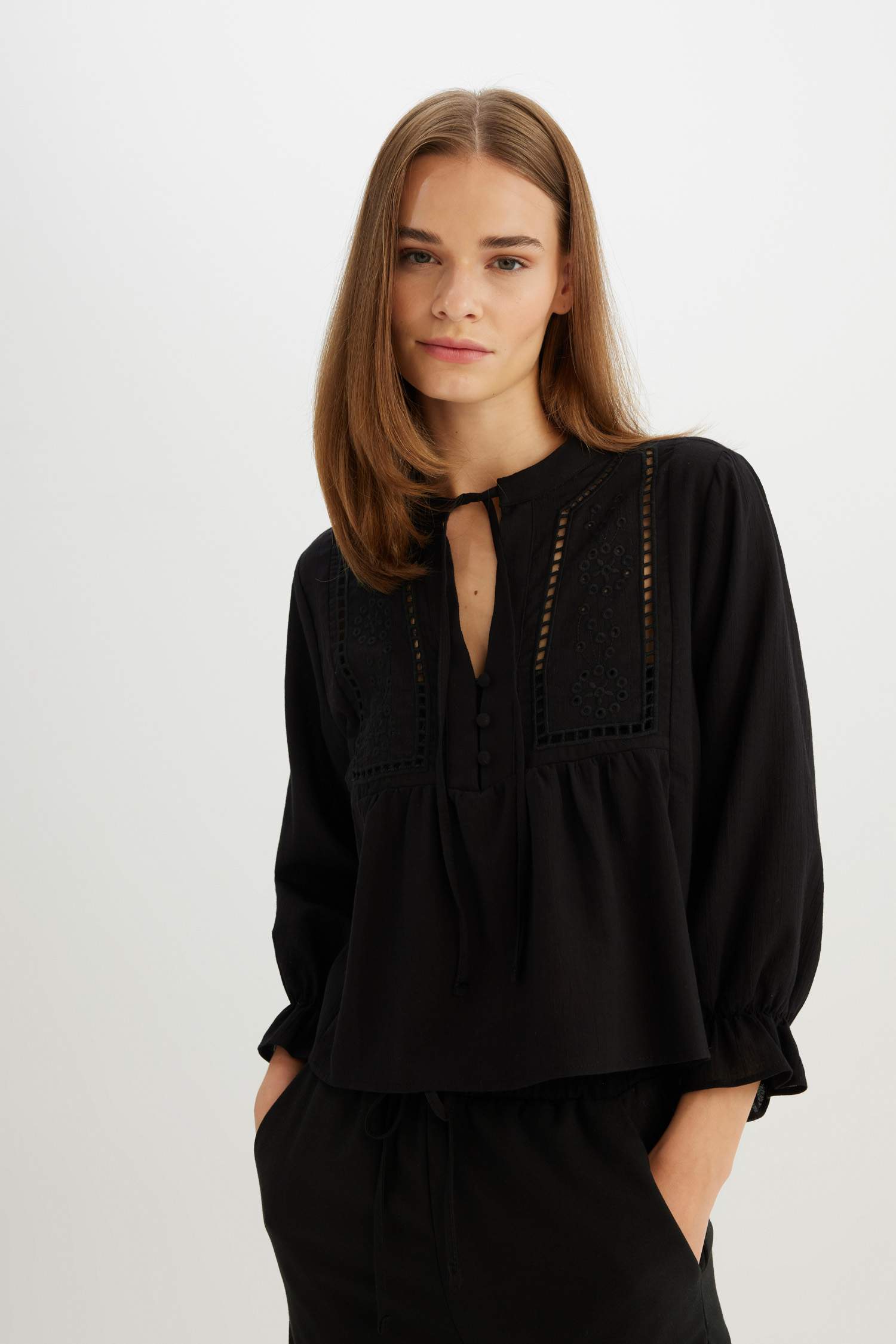 Chemisier à Manches Longues avec Broderie à coupe régulière et à Col rond