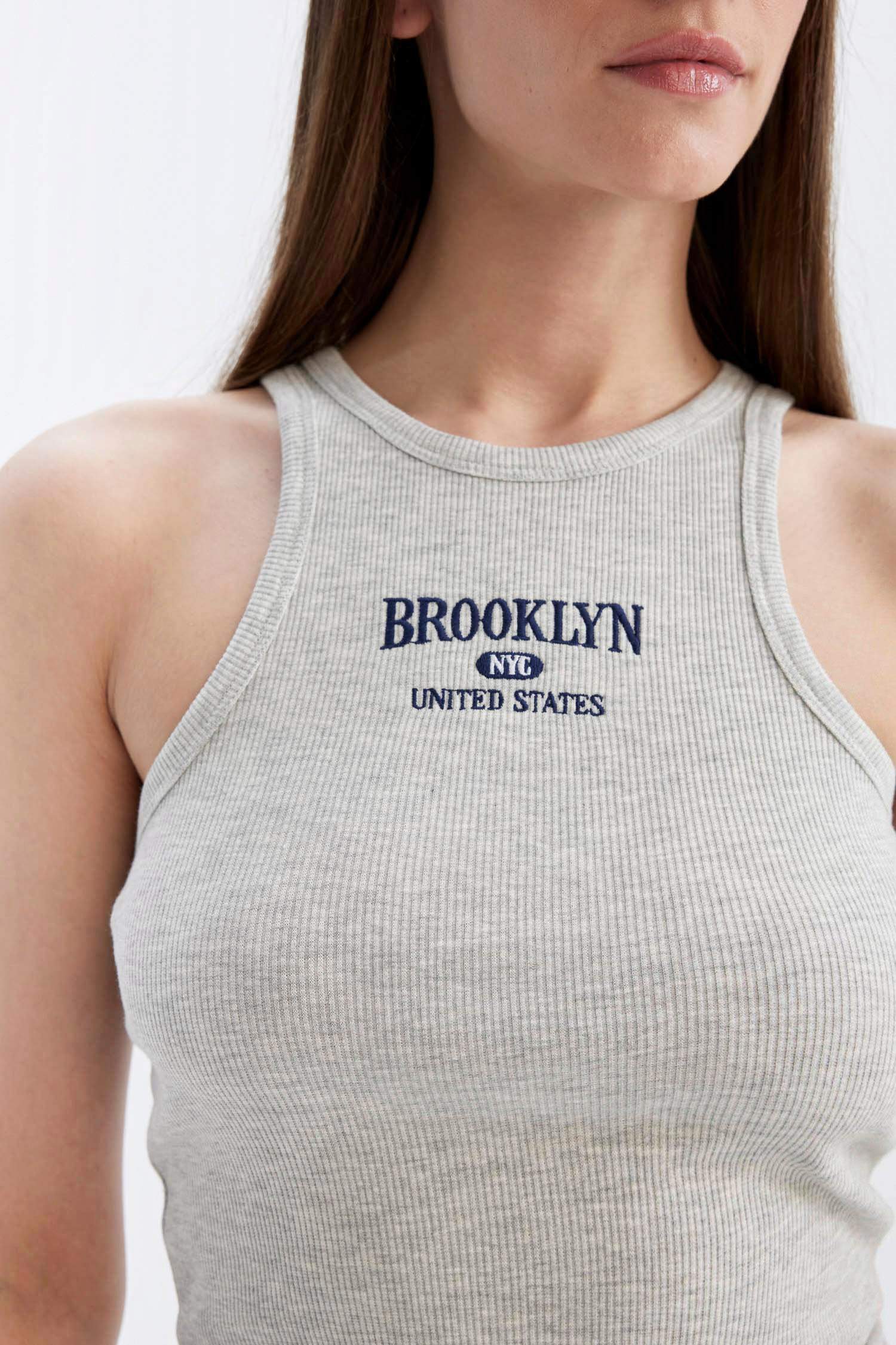 Slim Fit Dar Kesim Baskılı Halter Yaka Fitilli Kaşkorse Atlet