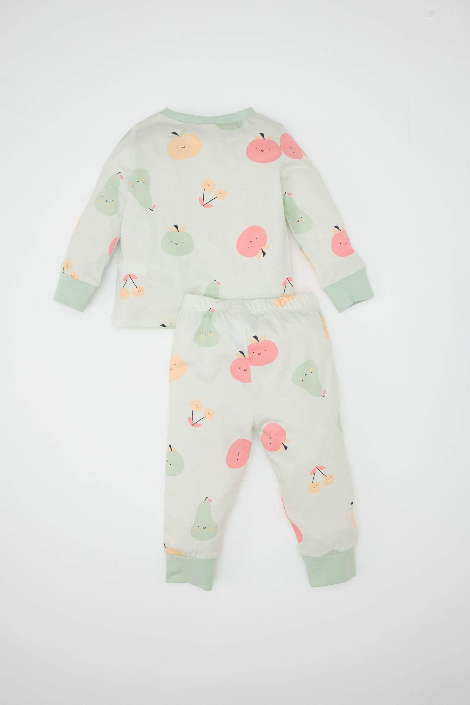 Baby Girl Fruit Patterned Cotton Long Sleeve Top Bottom 4 Piece Pajama Set