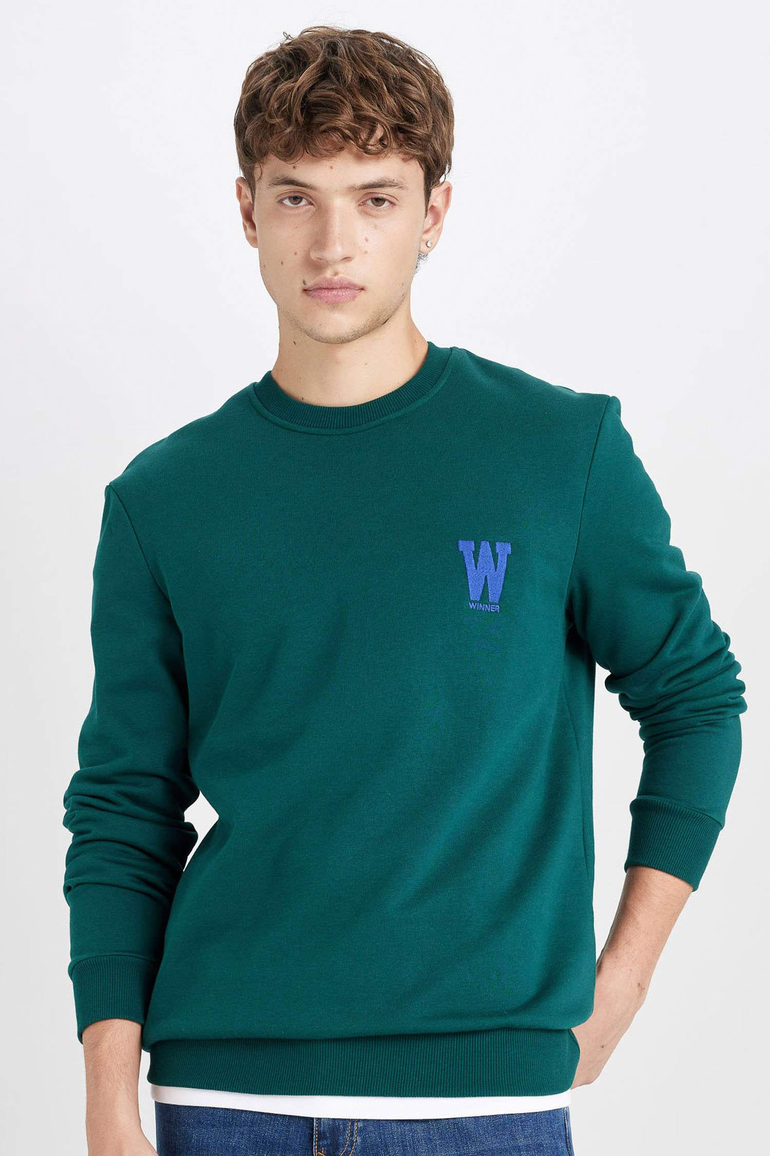 New Regular Fit Bisiklet Yaka Baskılı Kalın Sweatshirt