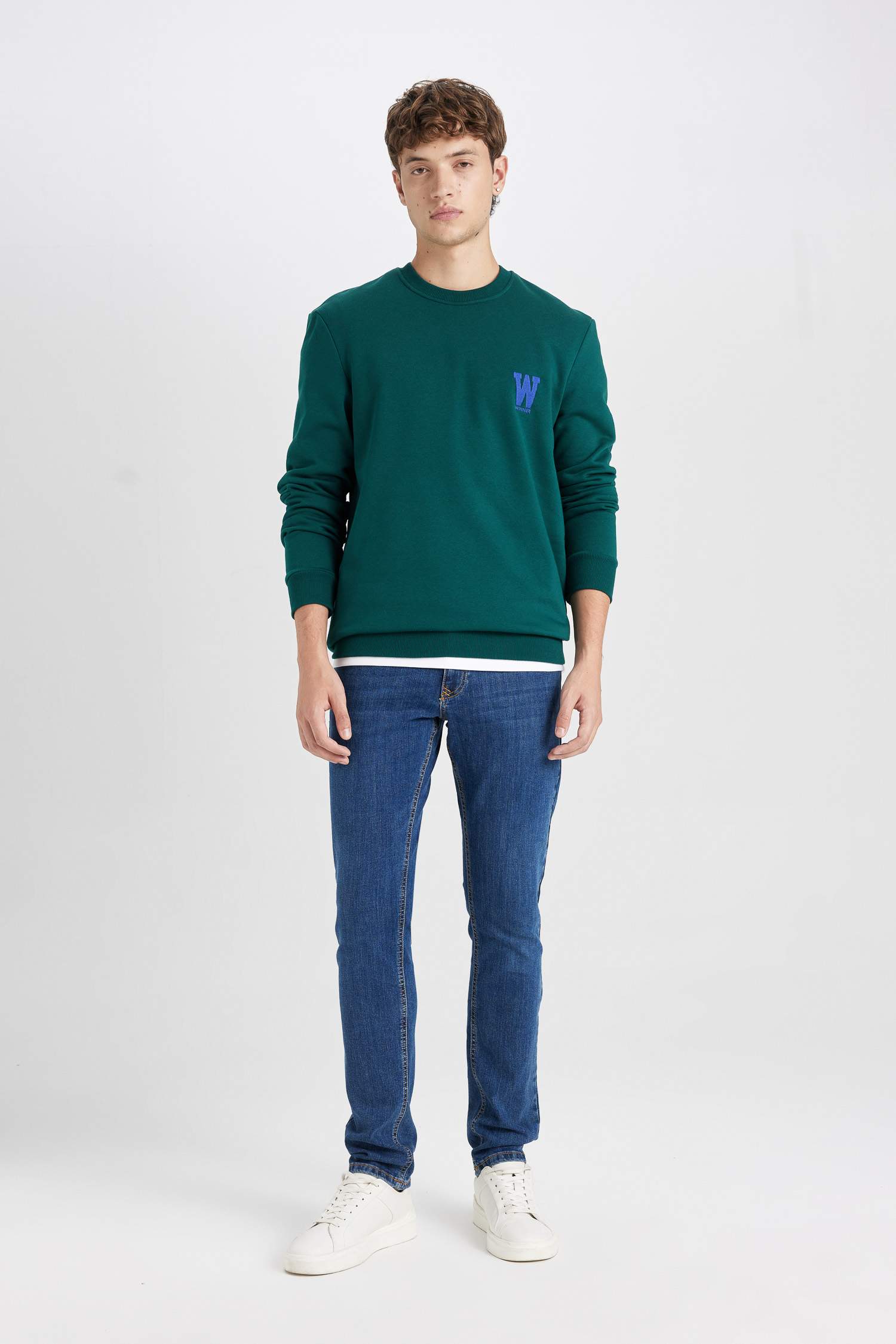 New Regular Fit Bisiklet Yaka Baskılı Kalın Sweatshirt