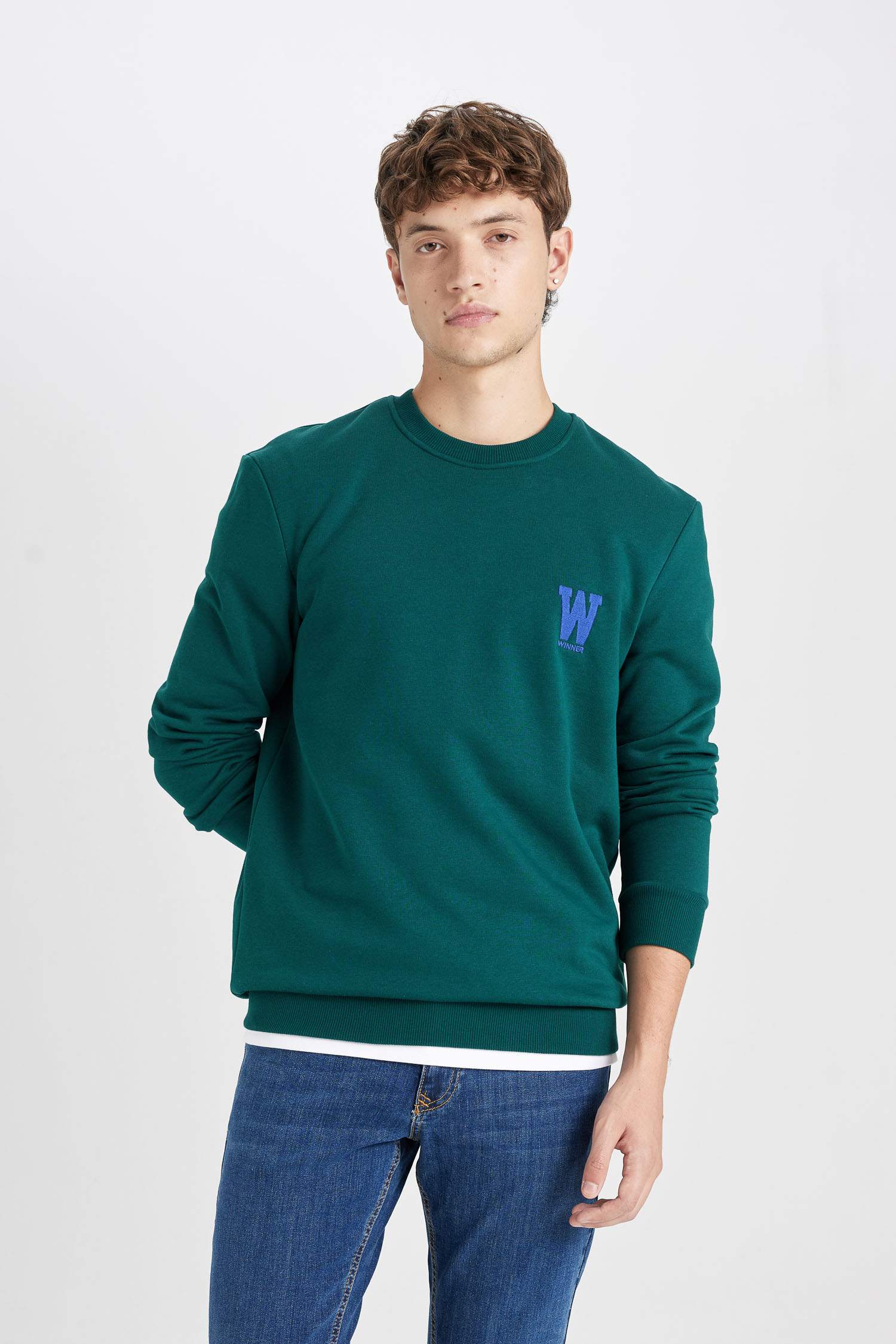 New Regular Fit Bisiklet Yaka Baskılı Kalın Sweatshirt