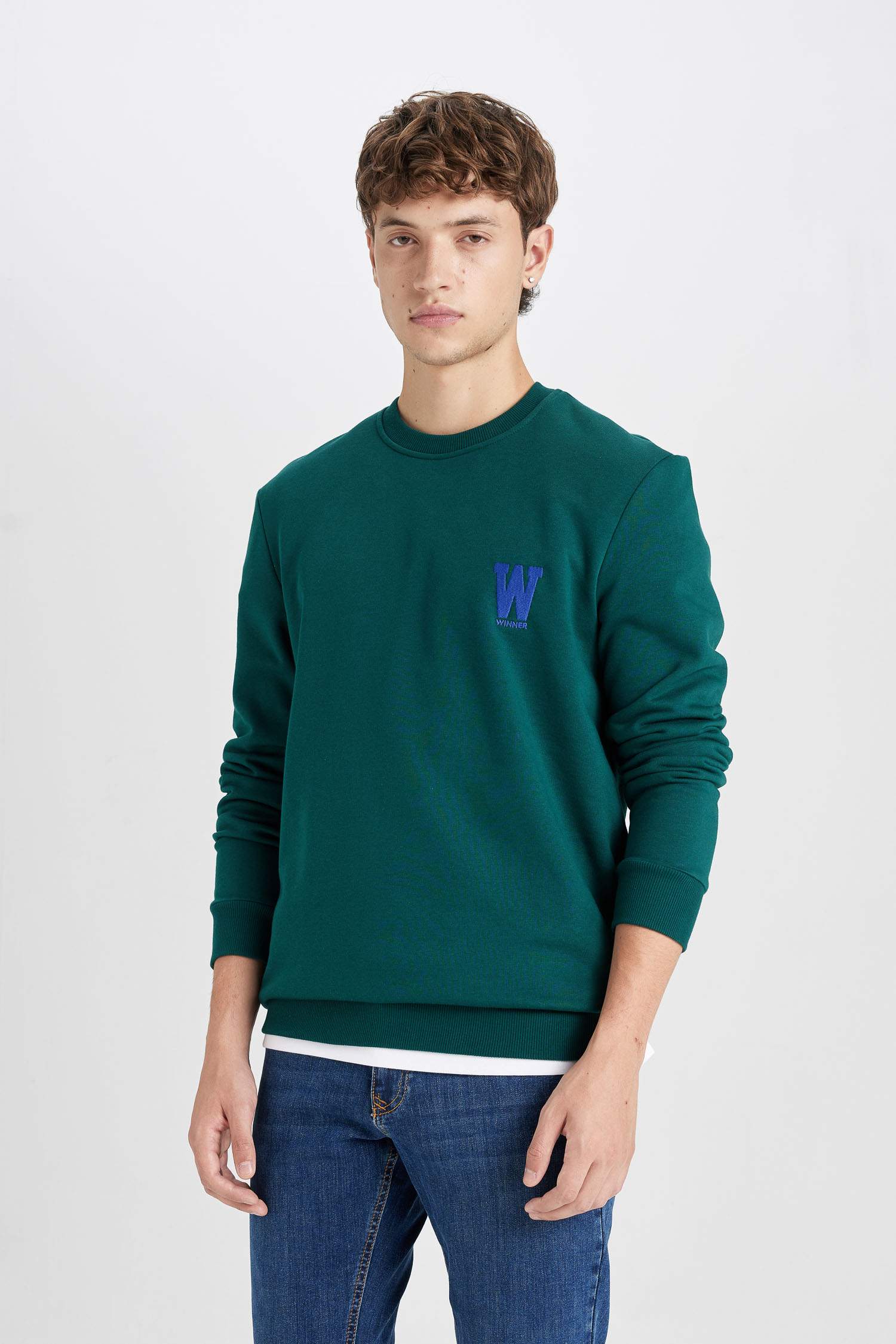 New Regular Fit Bisiklet Yaka Baskılı Kalın Sweatshirt