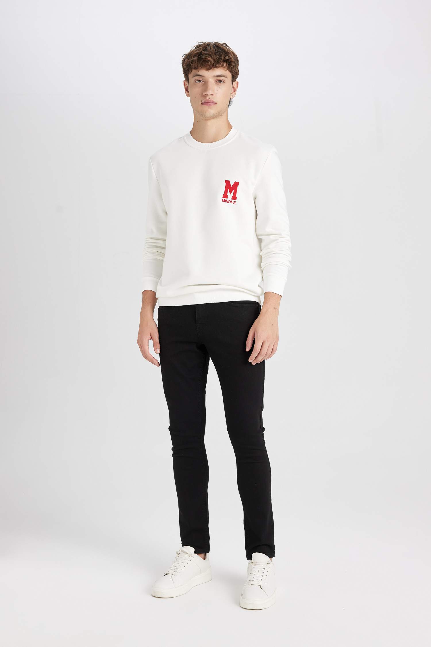 New Regular Fit Bisiklet Yaka Baskılı Kalın Sweatshirt