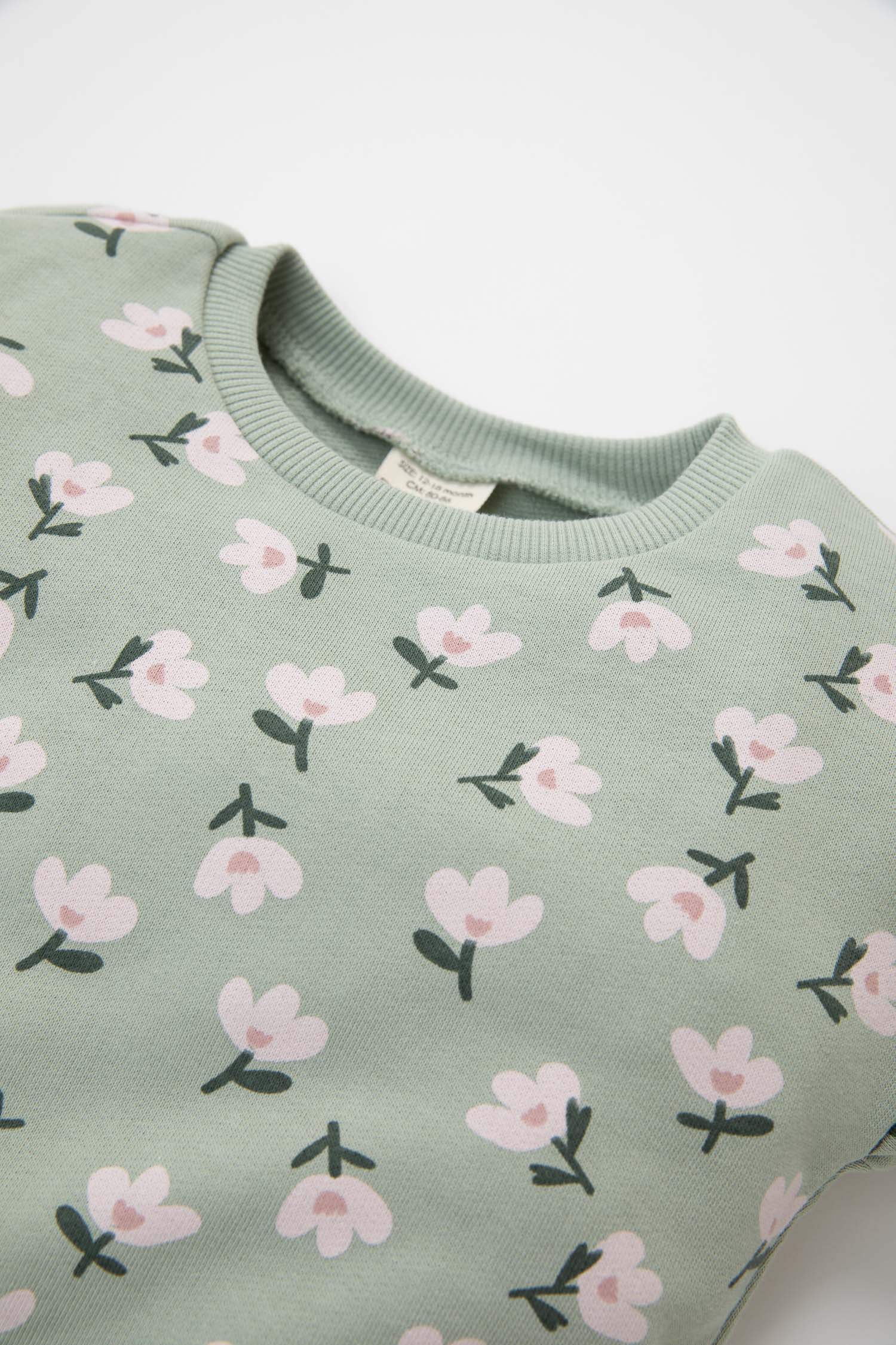 Kız Bebek 2'li Takım Çiçekli Sweatshirt Beli Lastikli İspanyol Paça Tayt