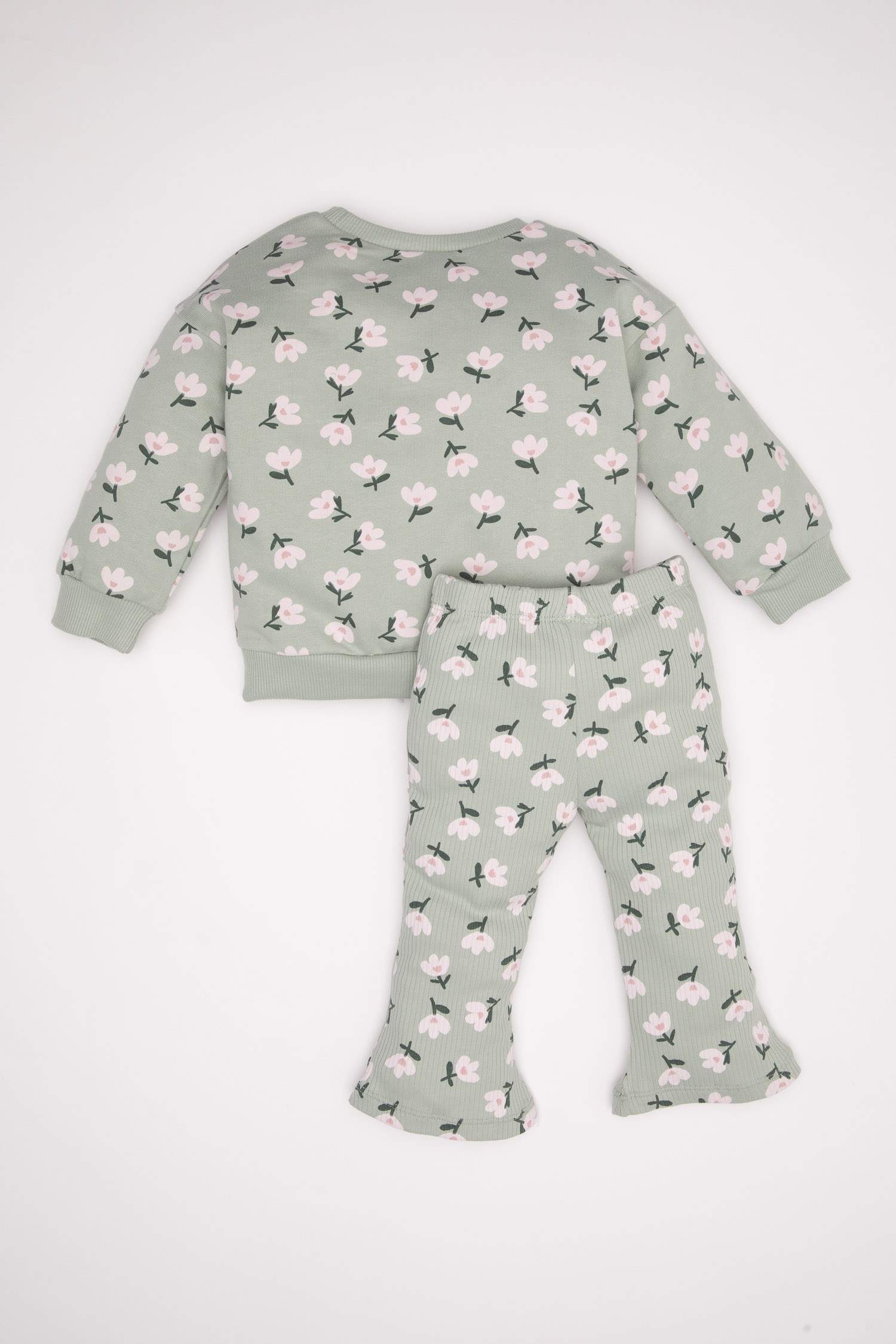 Kız Bebek 2'li Takım Çiçekli Sweatshirt Beli Lastikli İspanyol Paça Tayt