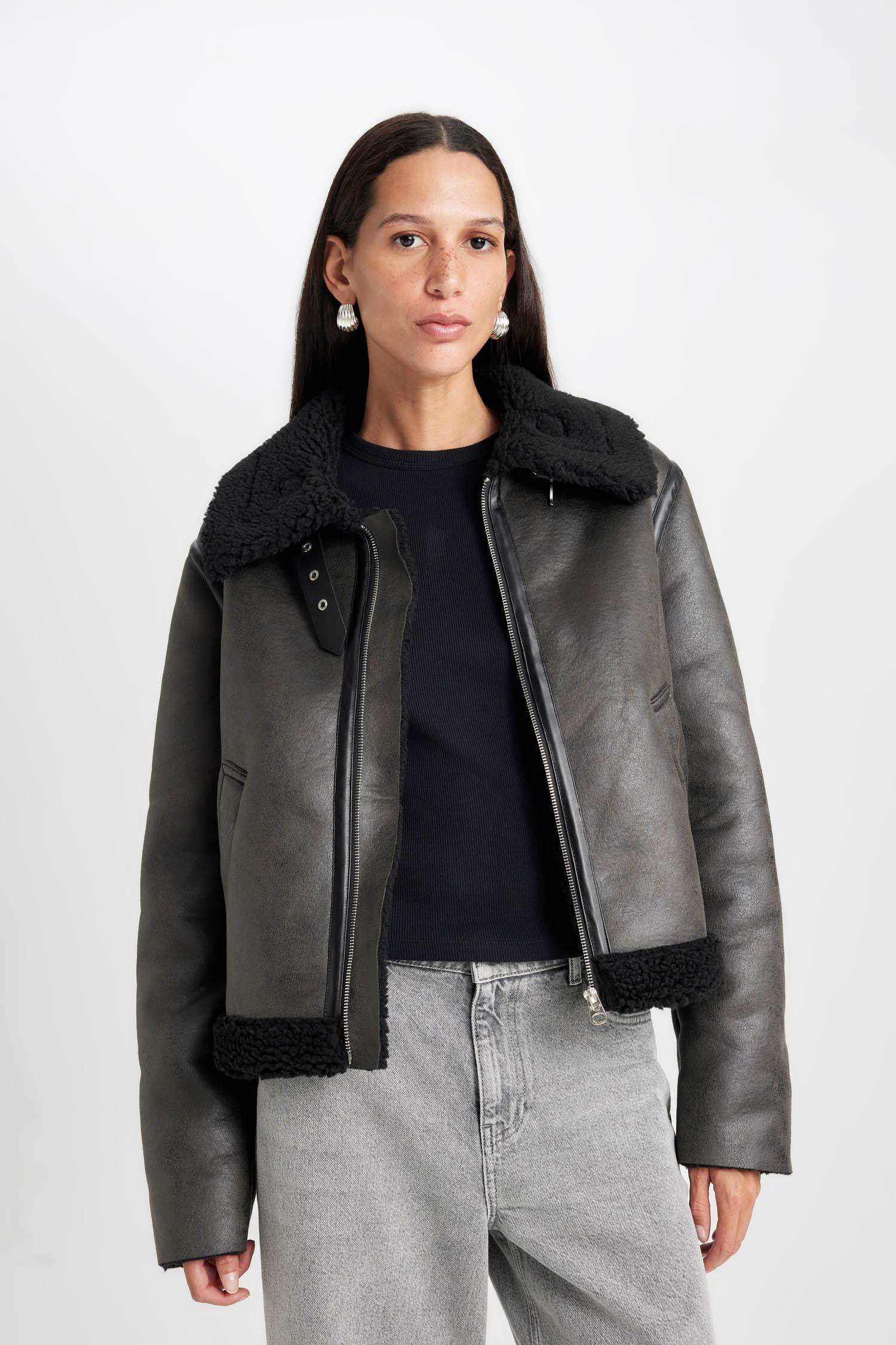 Polo Yaka Suni Deri Mont Fermualı Cepli Mevsimlik Pelüş Astarlı