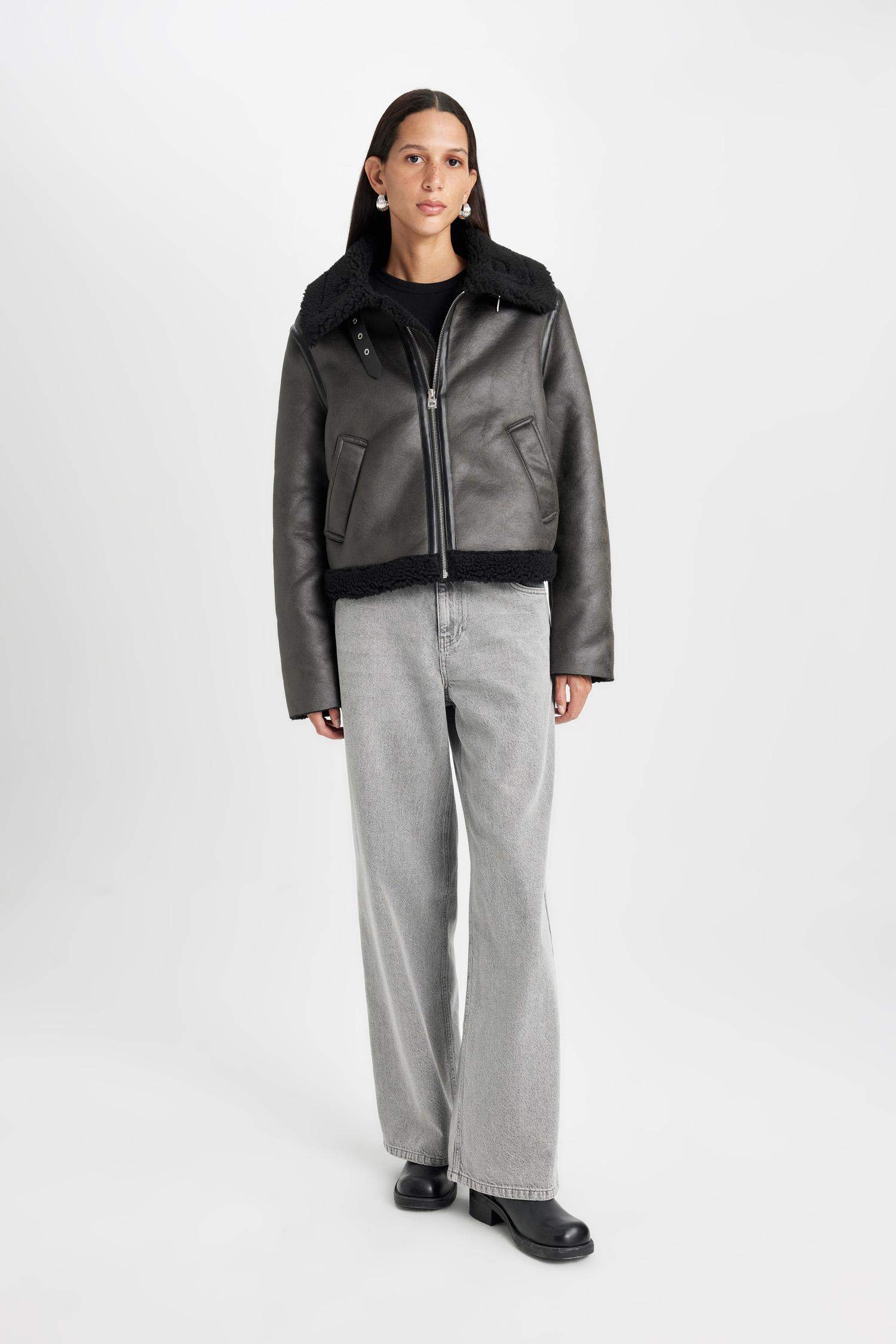 Polo Yaka Suni Deri Mont Fermualı Cepli Mevsimlik Pelüş Astarlı