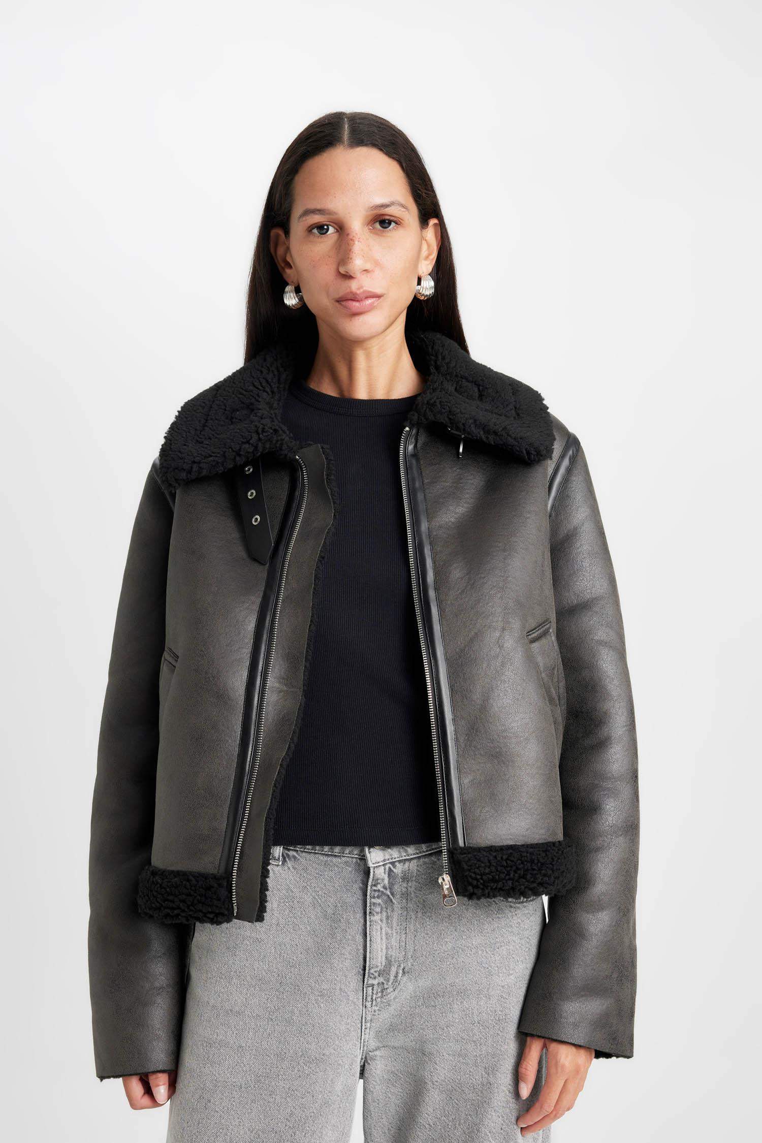 Polo Yaka Suni Deri Mont Fermualı Cepli Mevsimlik Pelüş Astarlı