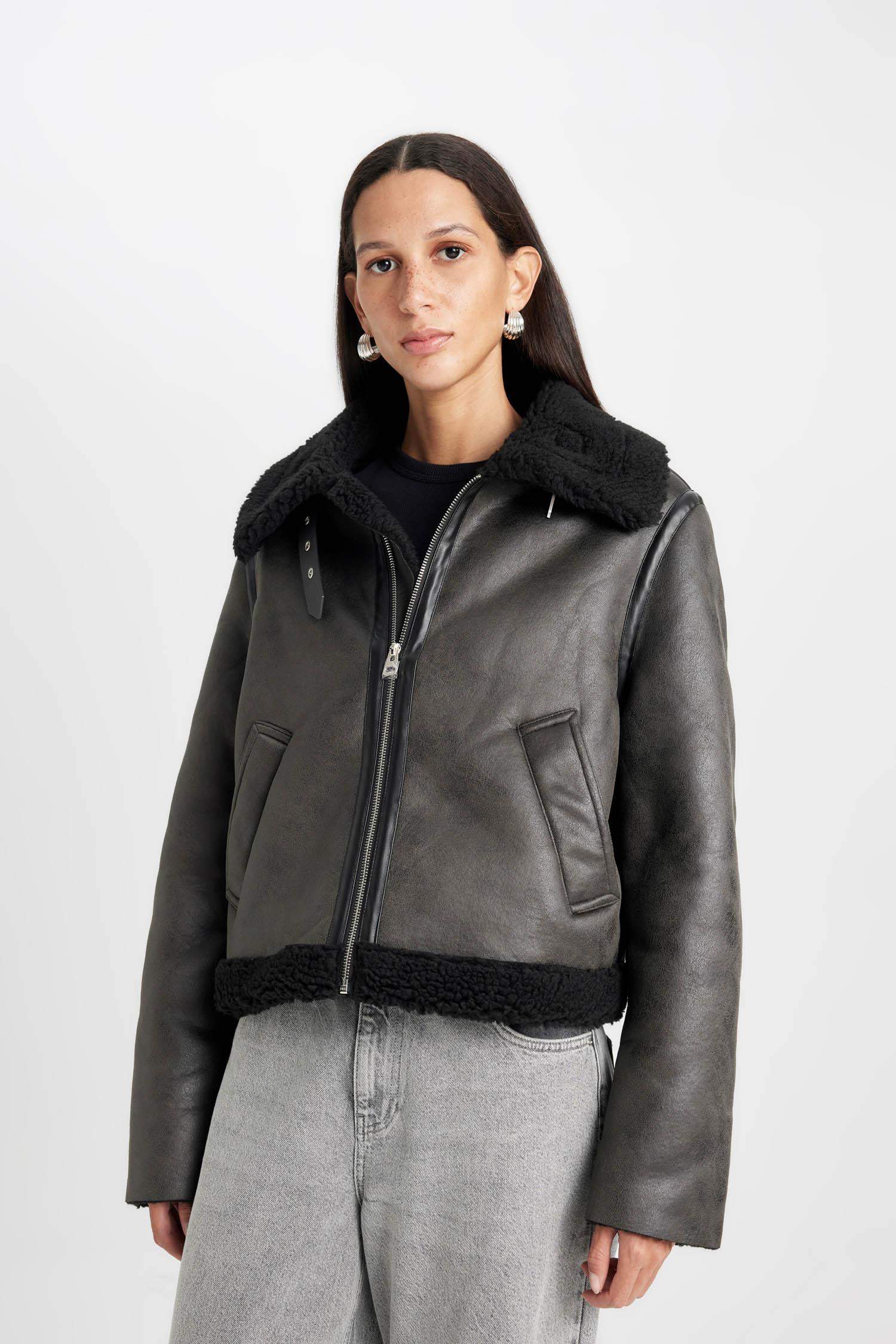 Polo Yaka Suni Deri Mont Fermualı Cepli Mevsimlik Pelüş Astarlı