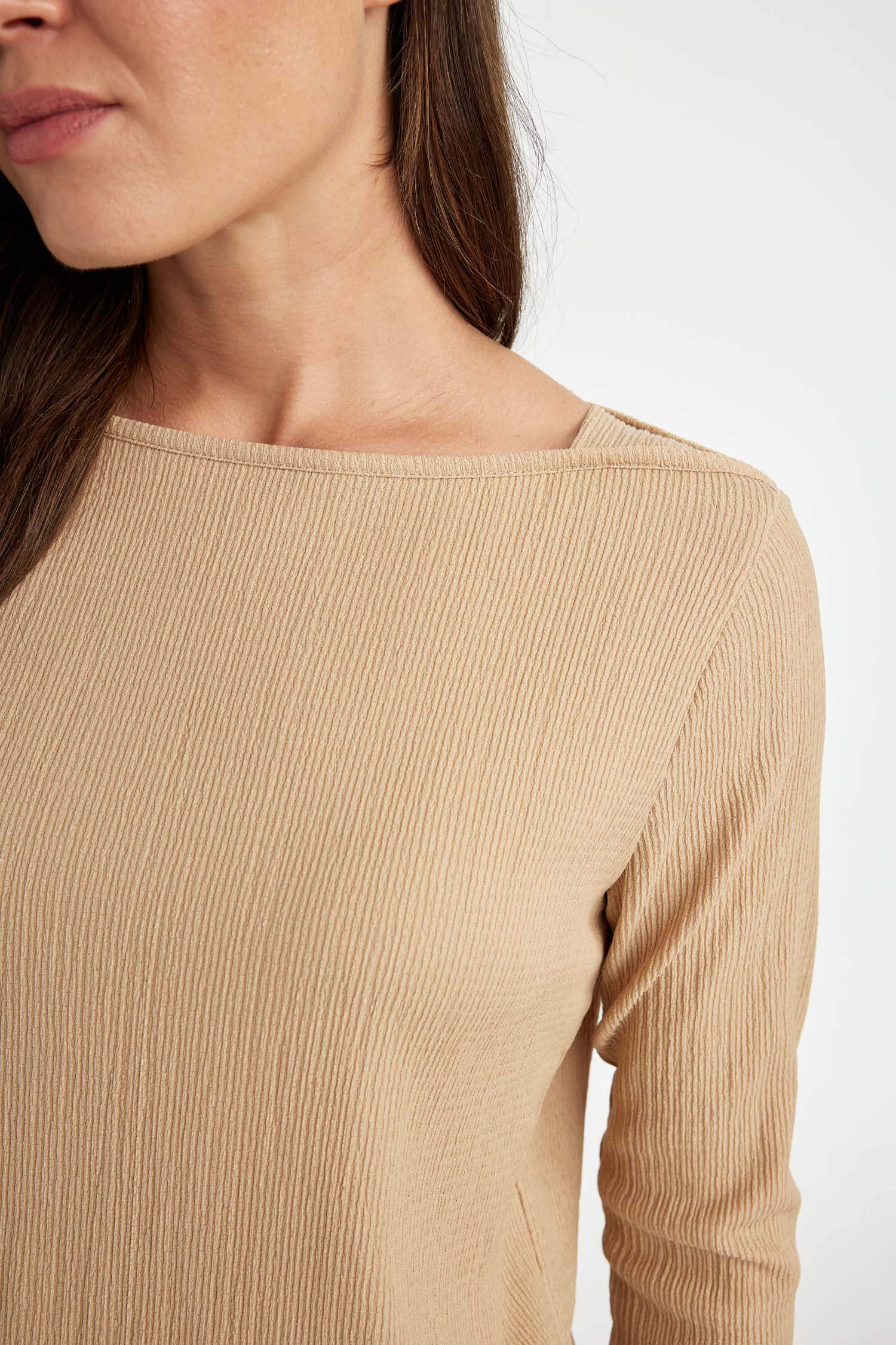 Regular Fit Boat Neck Burgundy Long Sleeve T-Shirt