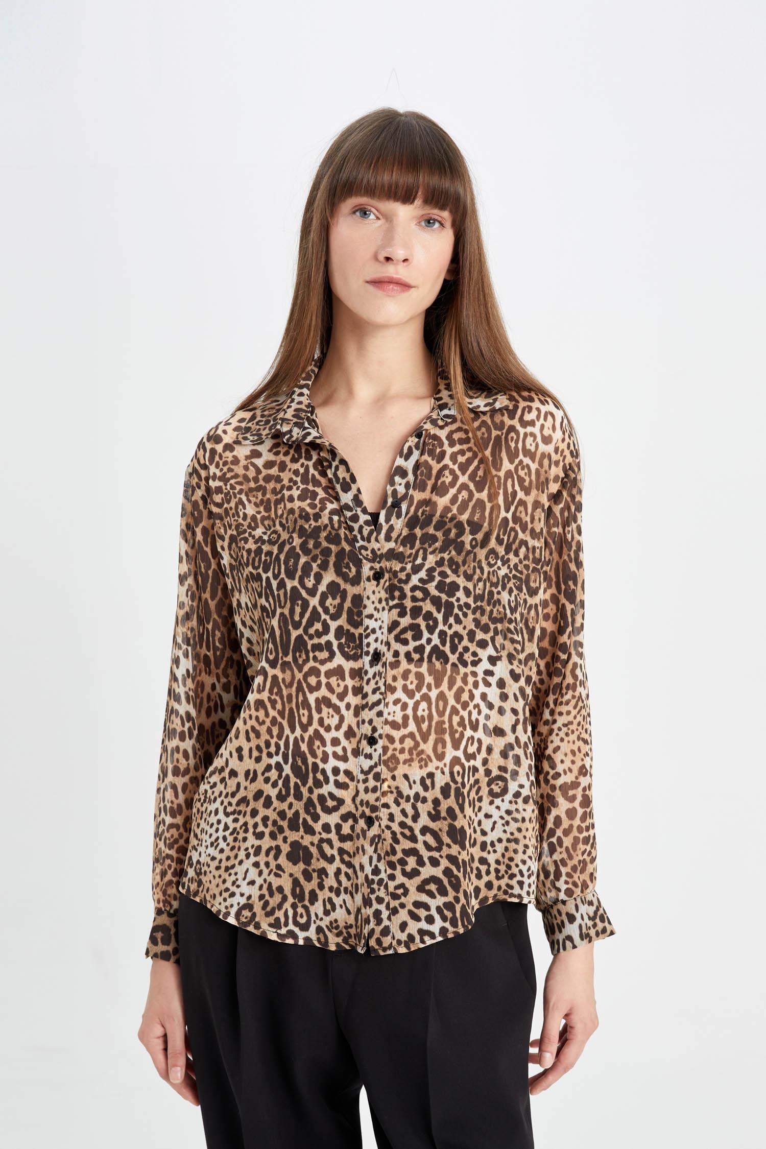 Regular Fit Leopar Desenli Uzun Kollu Gömlek