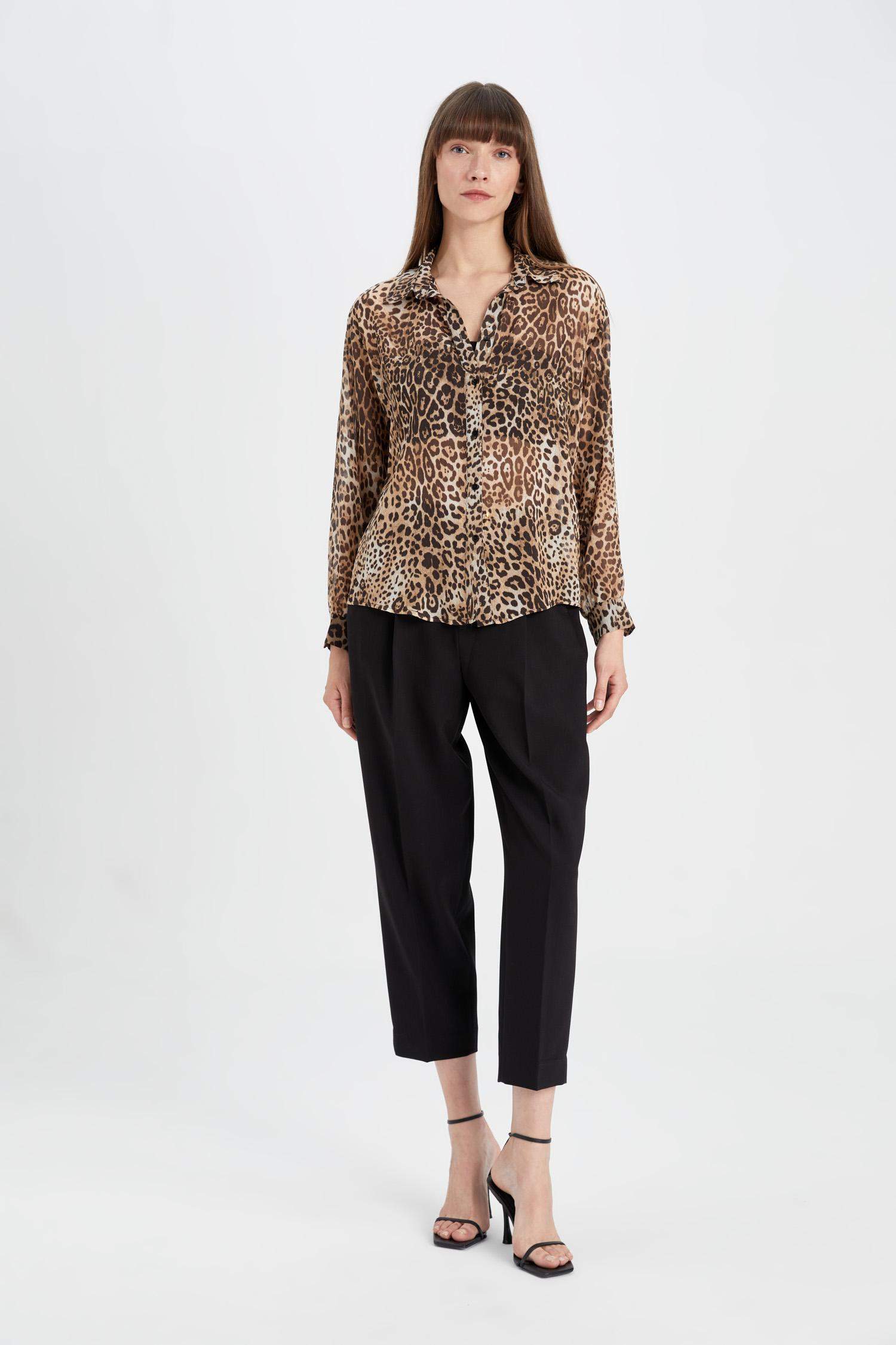 Regular Fit Leopar Desenli Uzun Kollu Gömlek