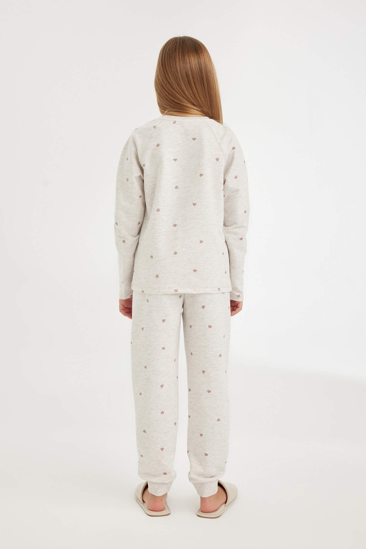 Kız Çocuk Pijama Takımı Kalp Baskılı Uzun Kollu Üst Uzun Alt