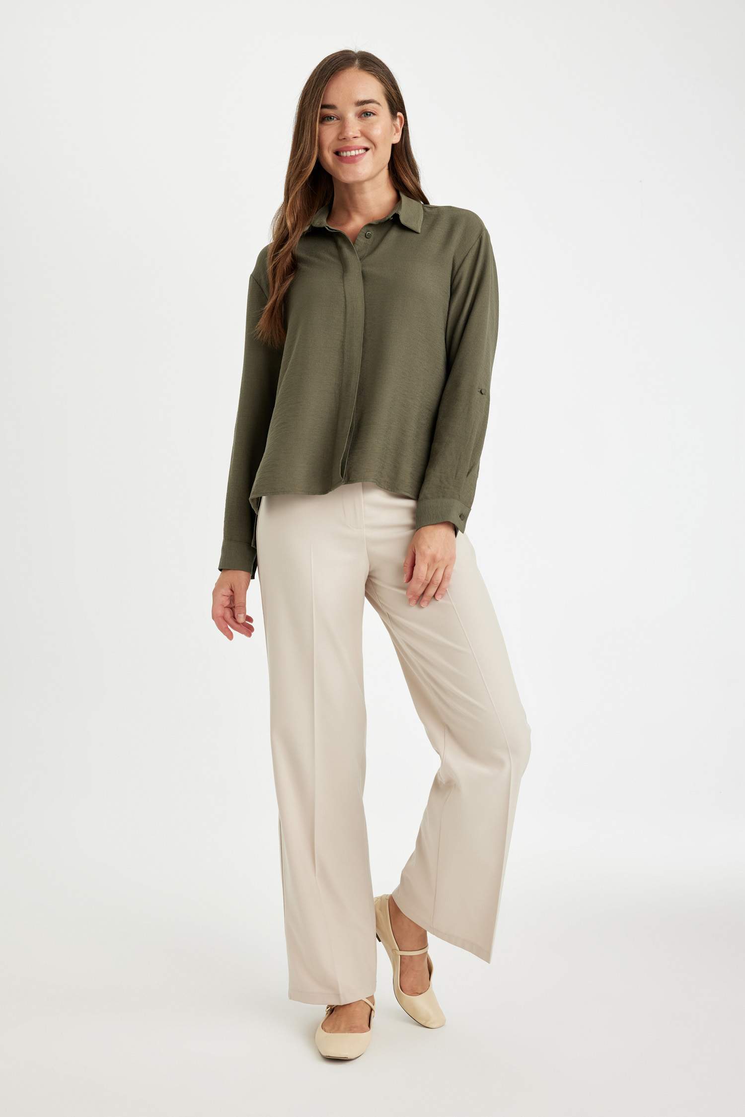 Regular Fit Shirt Collar Long Sleeve Blouse