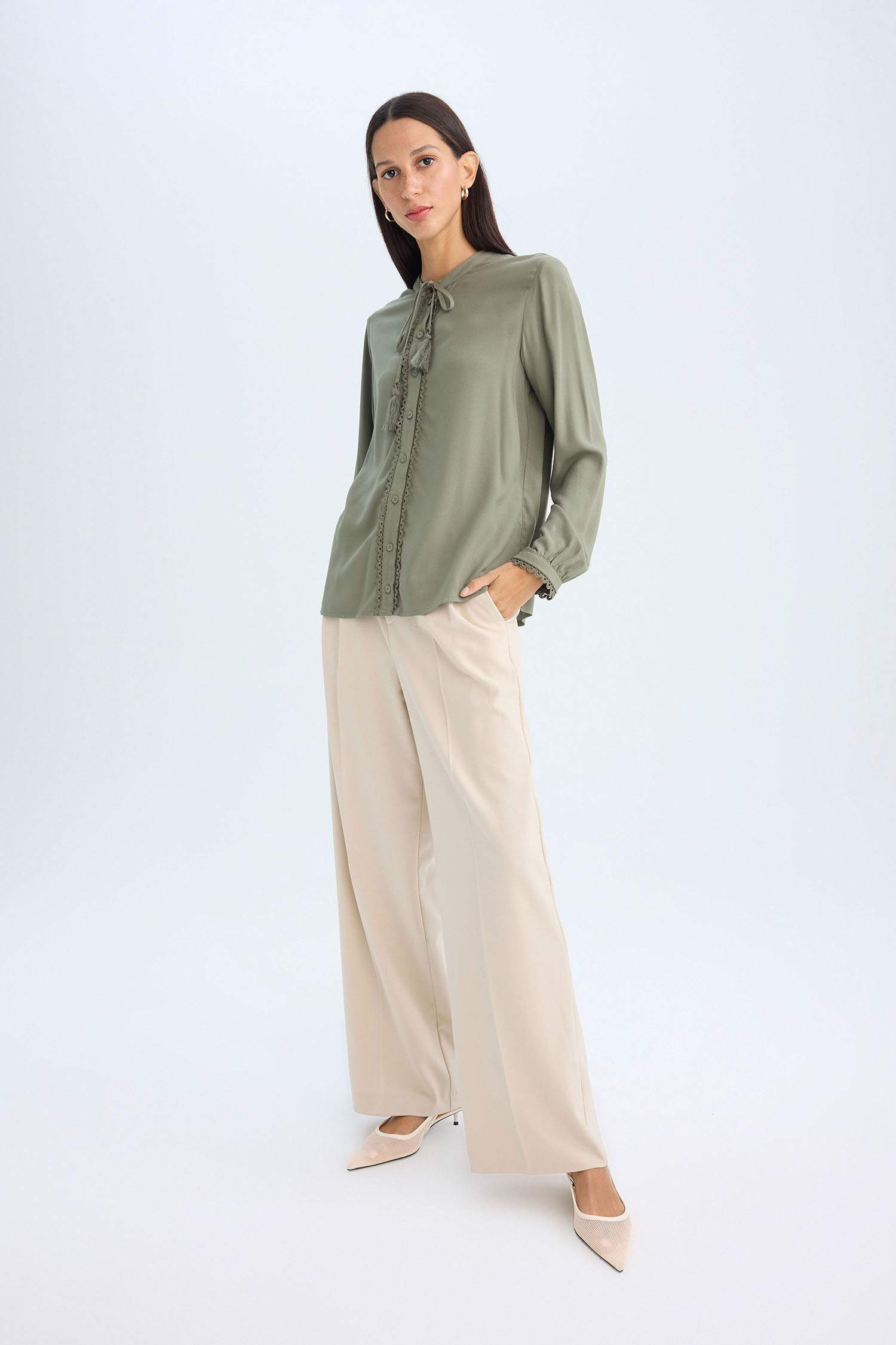 қалыпты пішім биік жаға Ұзын Жеңді Блуза