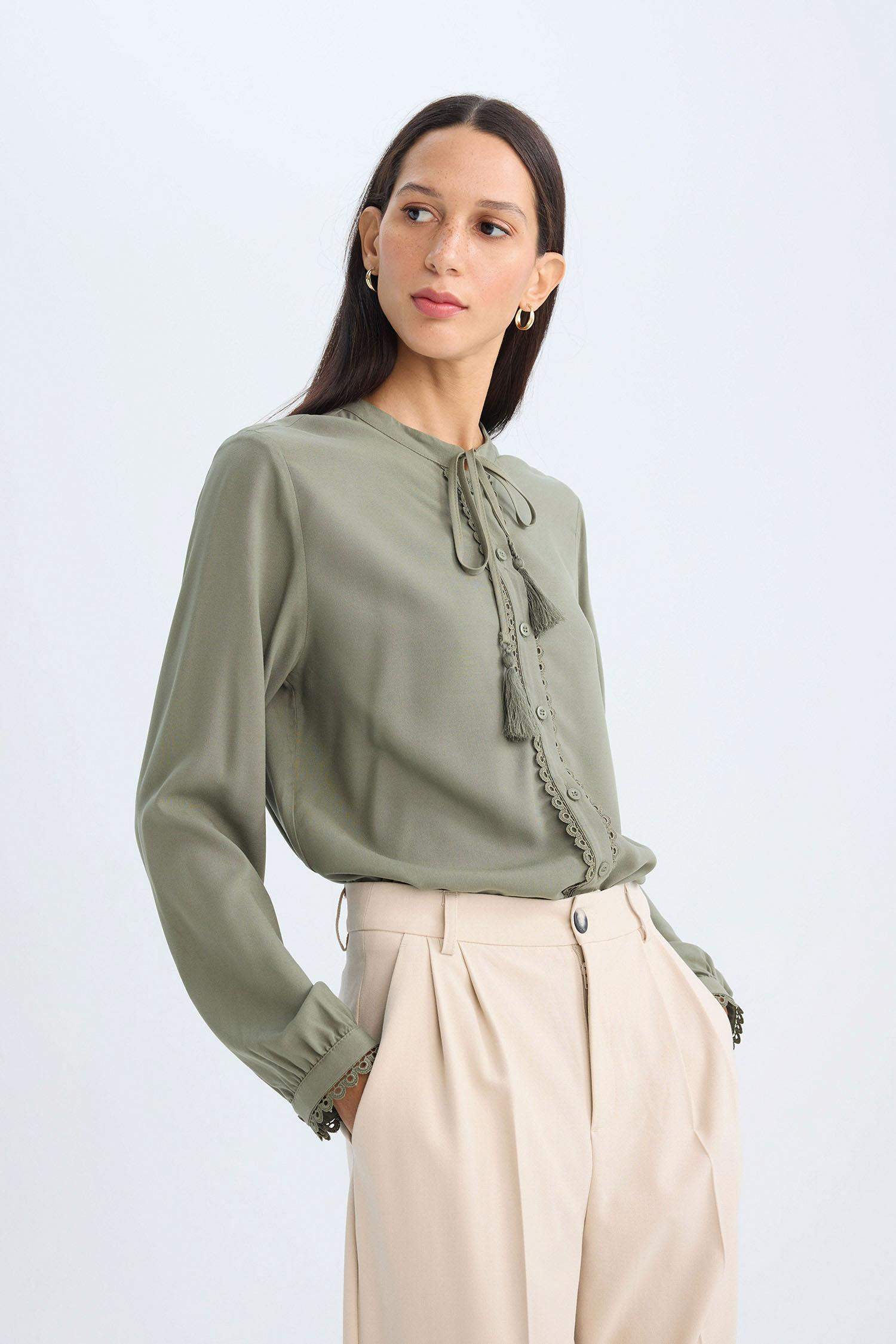 қалыпты пішім биік жаға Ұзын Жеңді Блуза