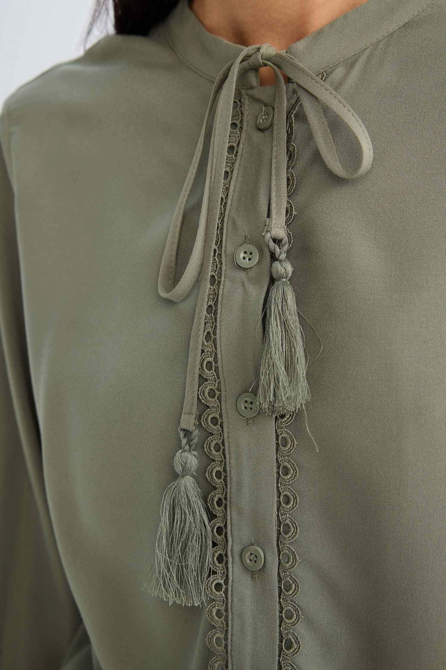 қалыпты пішім биік жаға Ұзын Жеңді Блуза