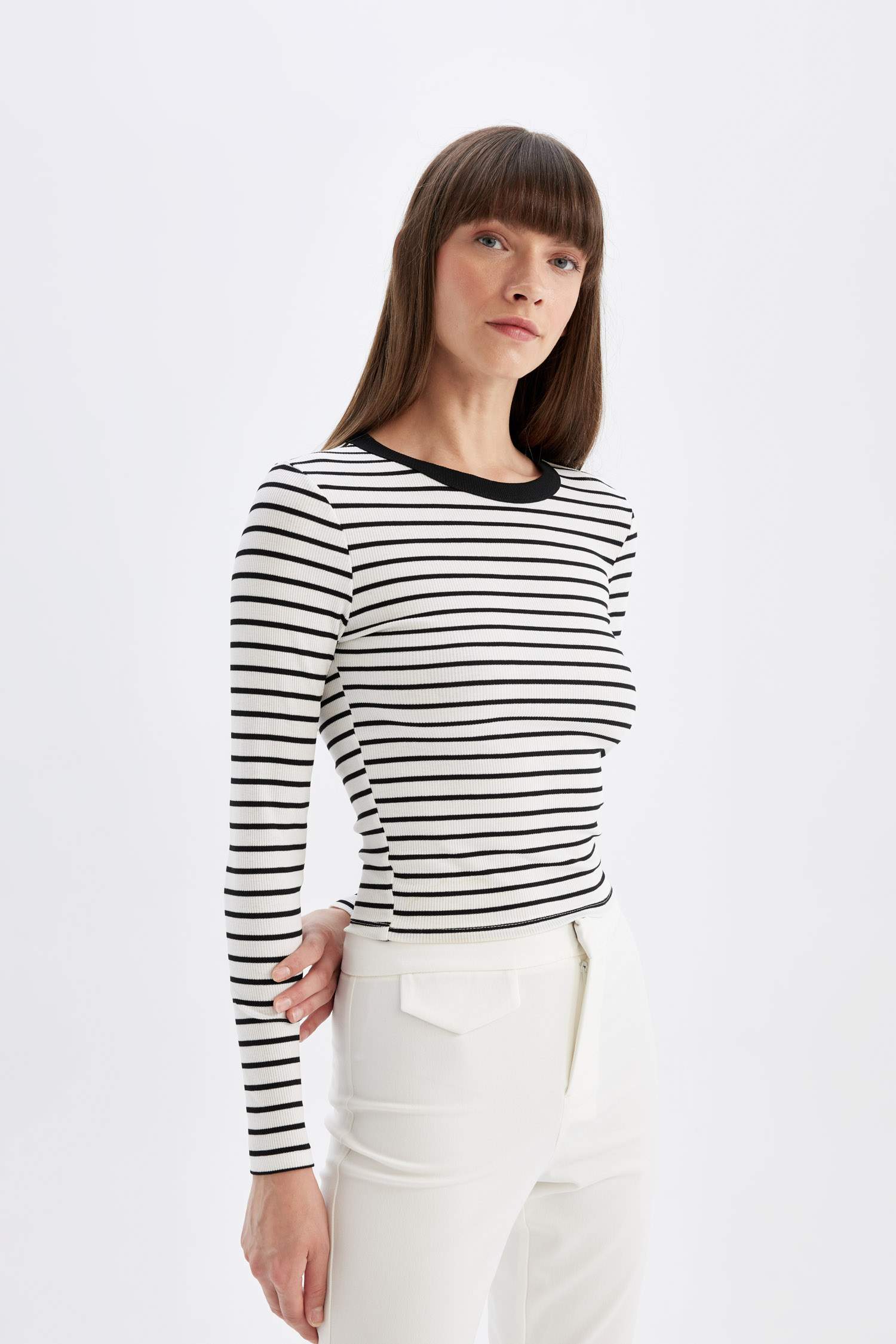 Slim Fit Dar Kesim Çizgili Uzun Kollu Tişört