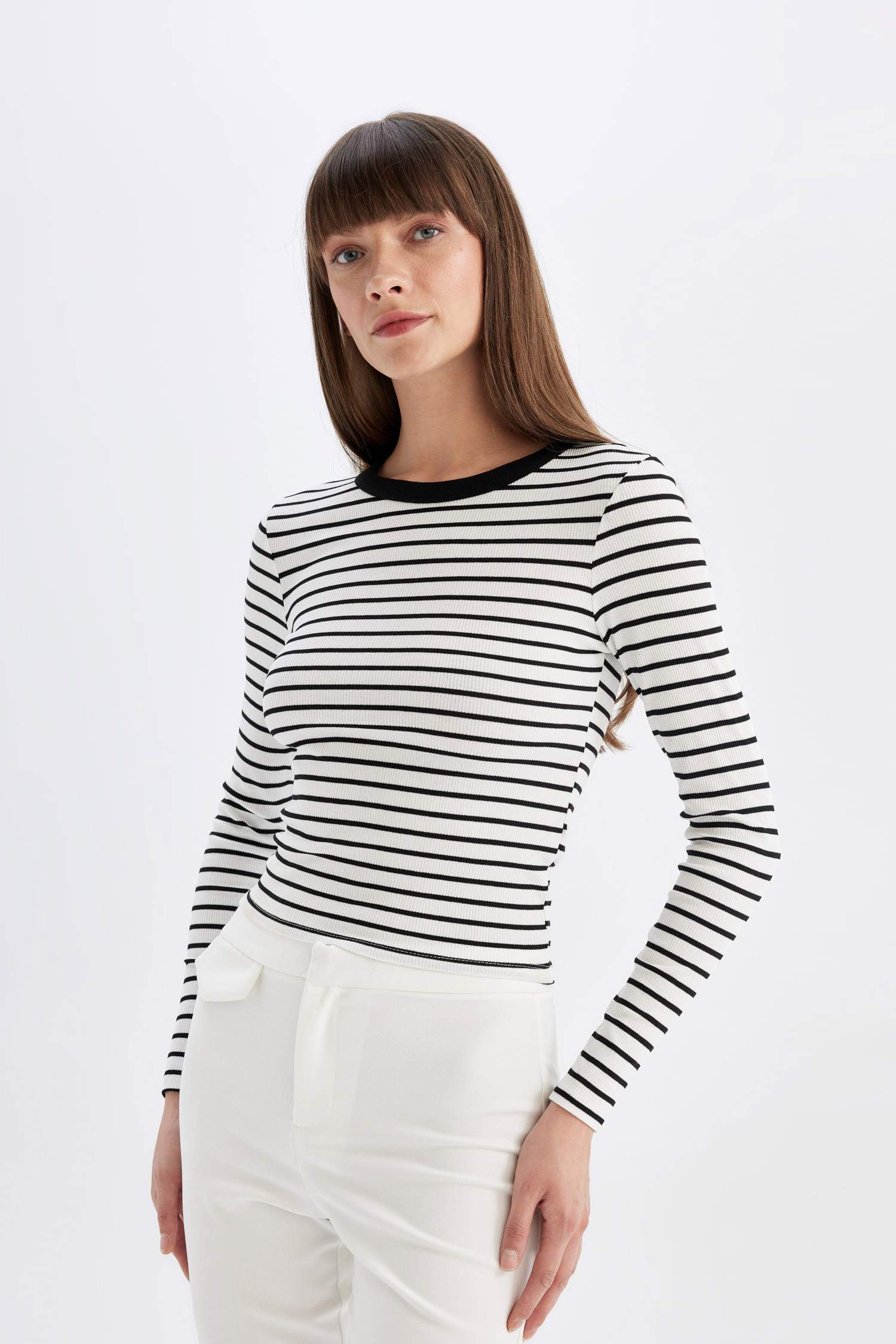 Slim Fit Dar Kesim Çizgili Uzun Kollu Tişört