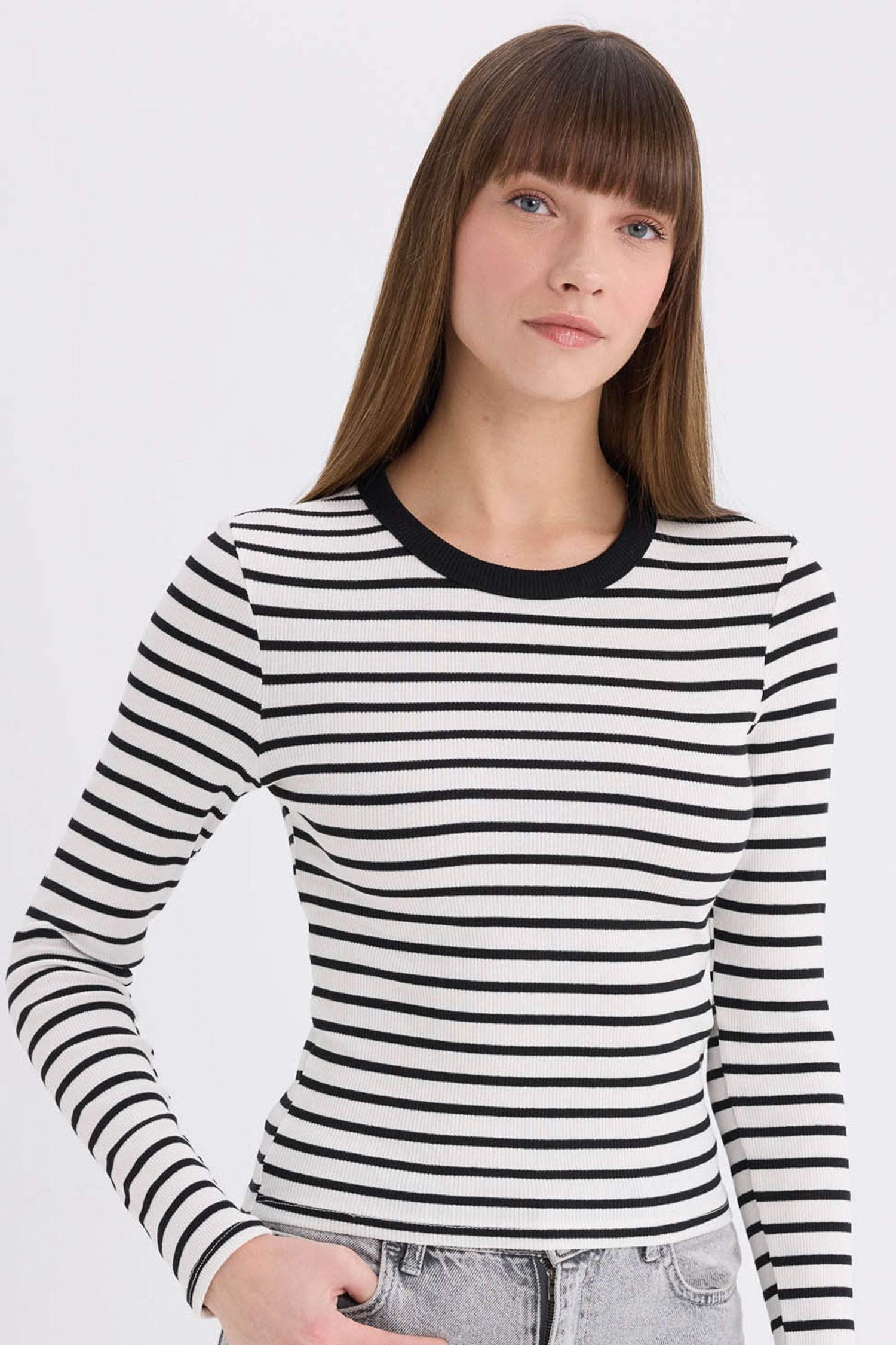 Slim Fit Crew Neck Striped Long Sleeve T-Shirt