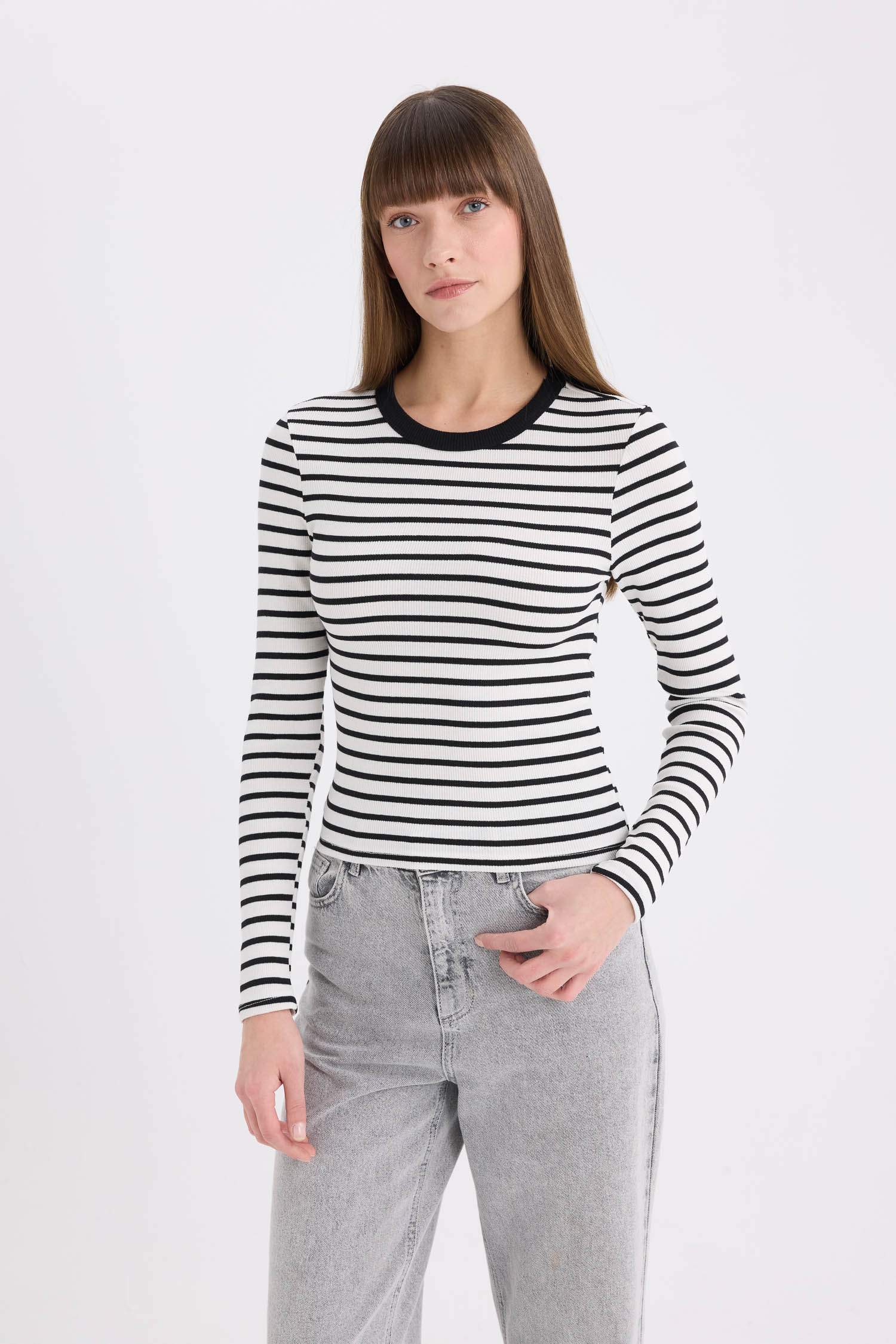 Slim Fit Crew Neck Striped Long Sleeve T-Shirt